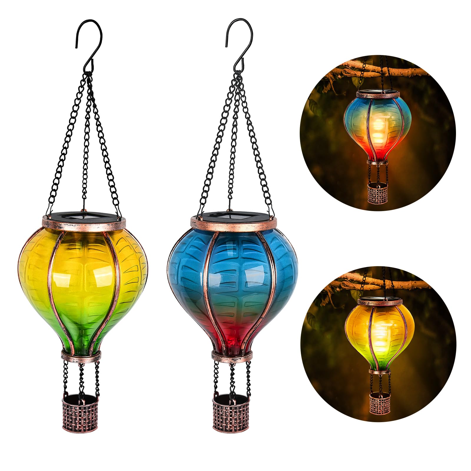 IEEILULU 2PCS Lanterne Solaire Exterieur, Montgolfière Lanterne Exterieur avec Effet de Flamme, Lumière Extérieure LED Étanche pour Terrasse Extérieure Balcon Chemin