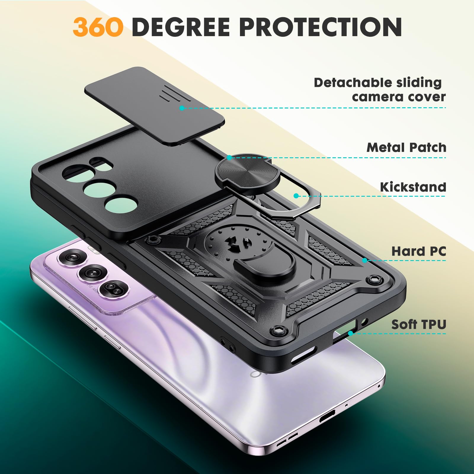 Cover Per OPPO Reno 12 Pro 5G Con Protezione Fotocamera Scorrevole, Anello Metallico 360° E Supporto, Grado Militare, Nera