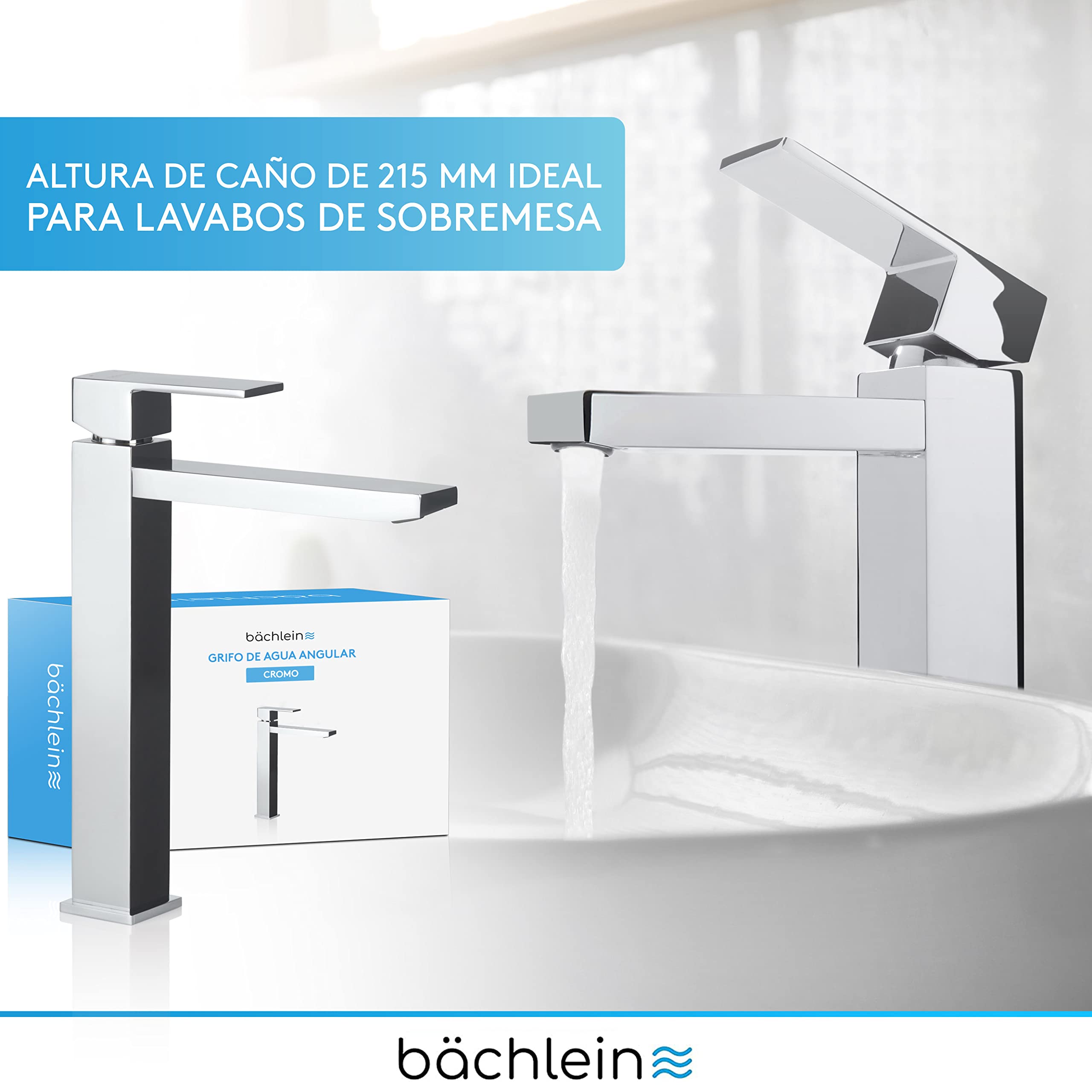 Bächlein Grifo Alto Para Baño [Angular] - Grifo Extra Alto con Caño de 215 mm de Altura Para Lavabo Sobre Encimera, Grifo de Lavabo Caño Alto