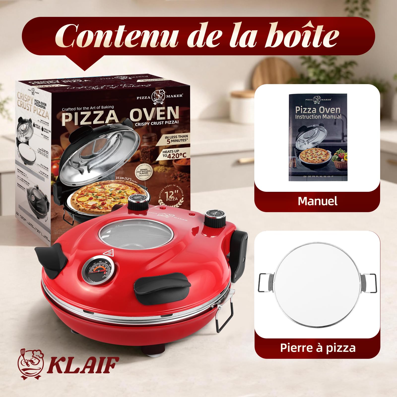 KLAIF Four à Pizza Électrique 420 °C, chaleur supérieure et inférieure réglables séparément, pierre à pizza en céramique 31 cm, 1200 W, four à pizza compact pour la maison, modèle LM-Rouge