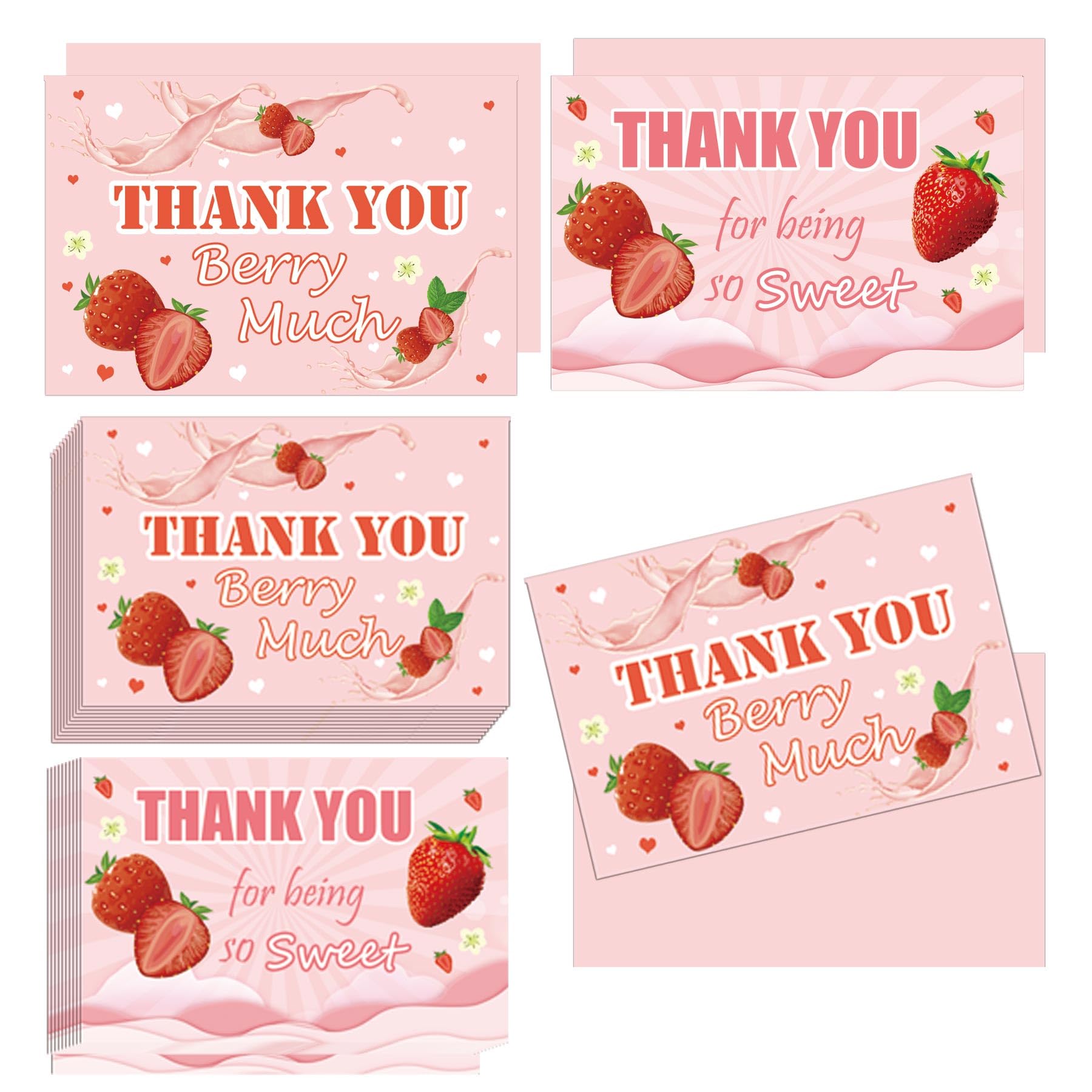 30 Pack 4 x 6 Inch Strawberry Thank You Cards Pink Fruit Greeting Cards with Envelopes & Stickers - Strawberry Themed Birthday Party Favors for Baby