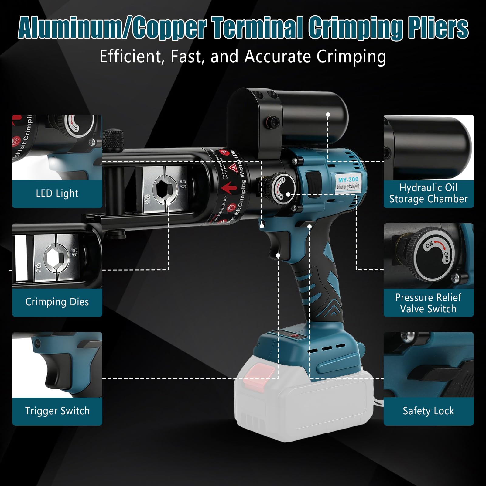 Pinza Crimpatrice Idraulica Compatibile con Makita 18V, Pinza Elettrica per Rame 16-300 mm²/ Capicorda in Alluminio 10-240 mm², Crimpatura Continuo per Cavi e Manicotti (Senza Batteria Caricabatterie)