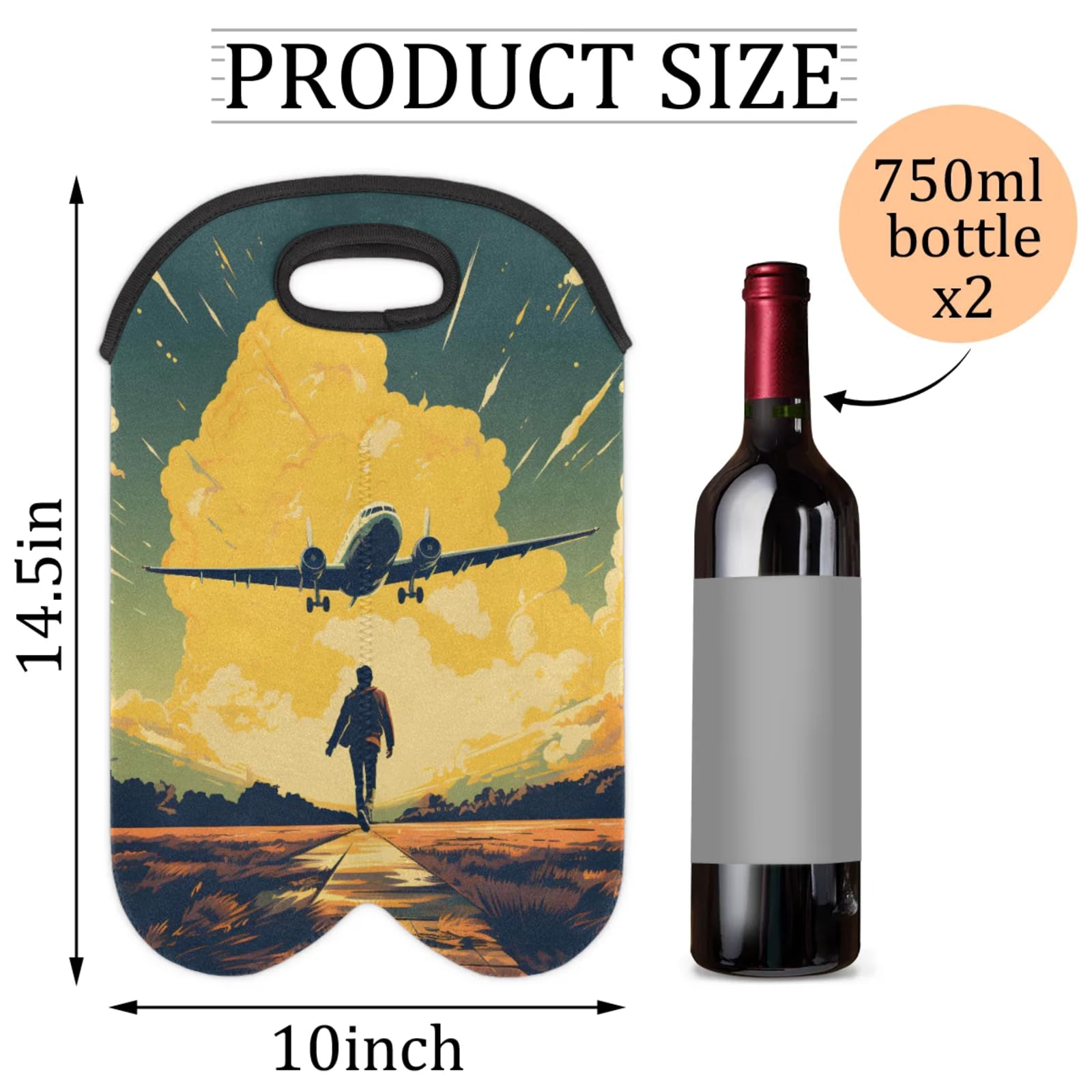 GzLeyigou 2 Bottles Man and Pkane Wine Bag Sleeve Totes Neoprene Protective Wine Carrier Bag for Wine,Water, Champagne, Beer, Baby Bottles,Gift 14.5 x 10 Inches