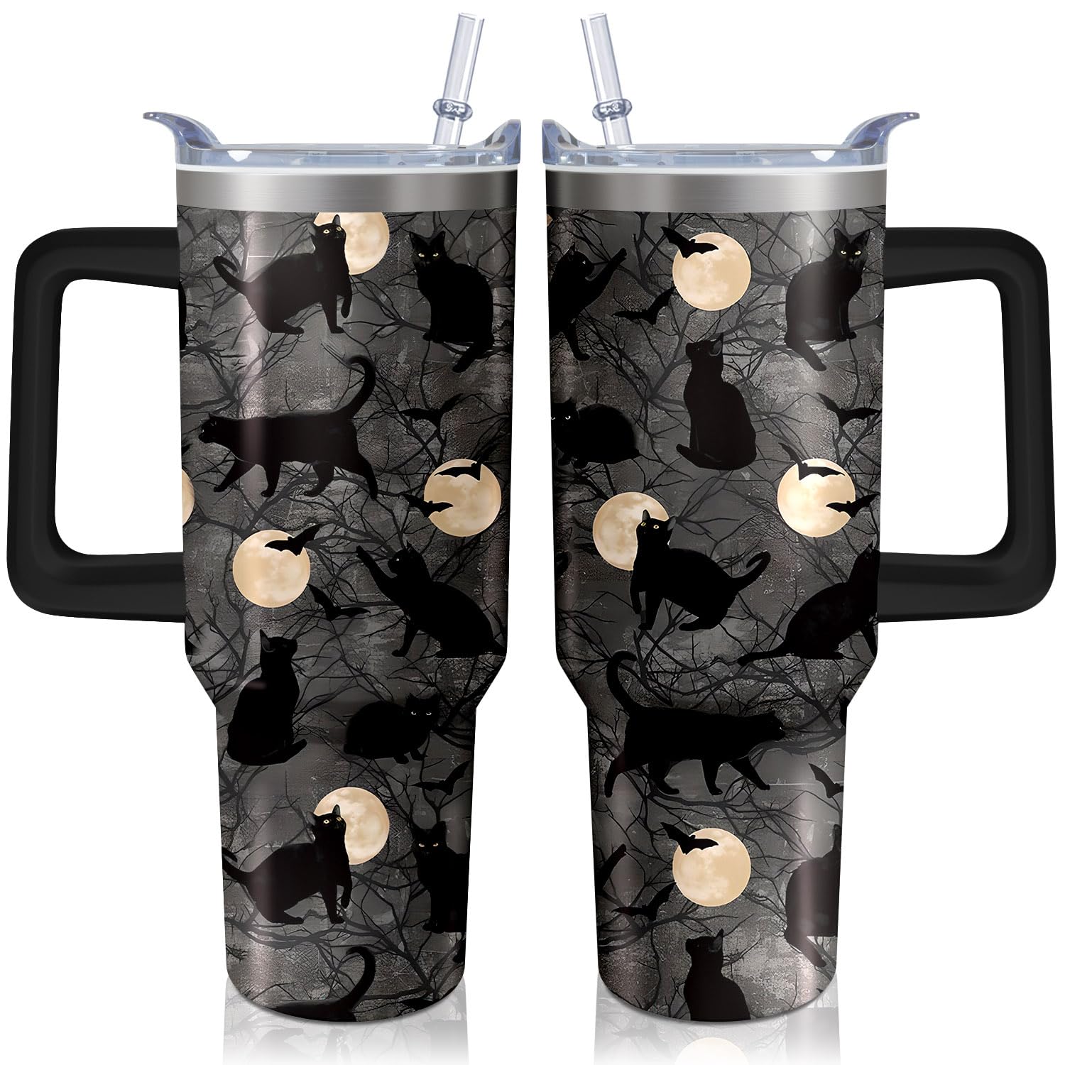 Kearscupra 40oz Goth Cat Tumbler with Handle and Straw, Gothic Stainless Steel Insulated Cup with Lid, Travel Coffee Mug Water Bottle, Halloween