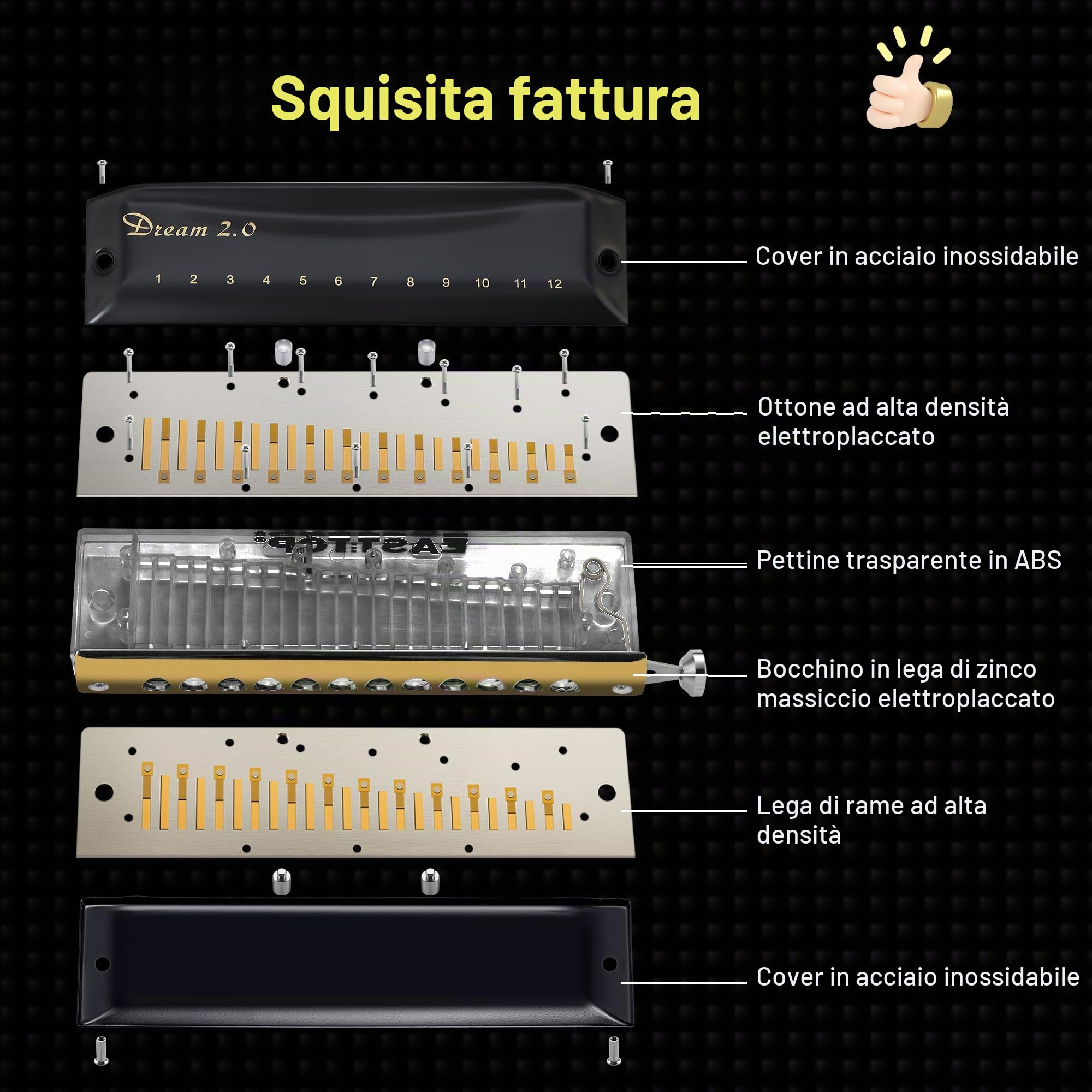 EAST TOP Armonica cromatica in chiave di do, 12 fori, 48 toni, professionale, per adulti, professionisti e studenti, nera