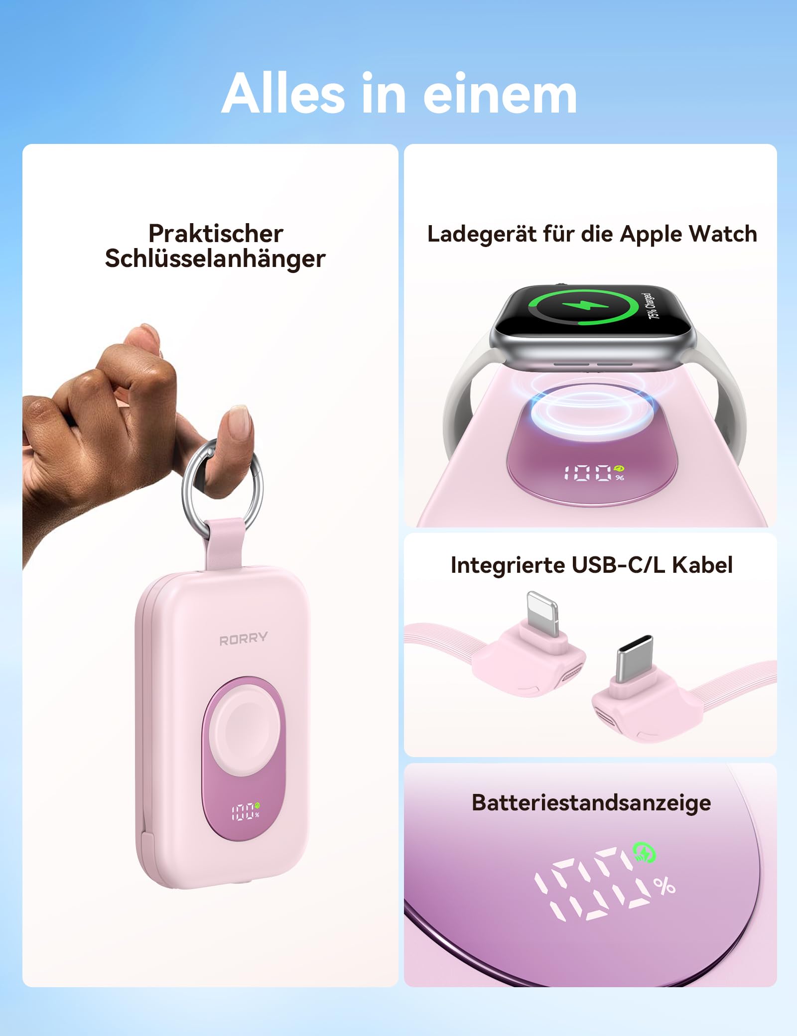 RORRY Powerbank, Power Bank 20000 mAh, 30 W PD, ricarica rapida, caricatore portatile con 2 cavi integrati, batteria esterna per cellulare con portachiavi, essenziale da viaggio per iPhone, Apple