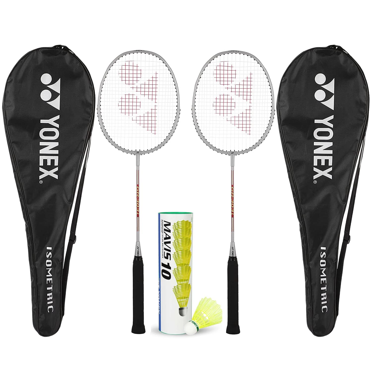 Beginner's Best Badminton Combo - GR 303i Aluminum Blend Racquet with Full Cover, Set of 2 + Mavis 10 Shuttlecock, Pack of 6 - Silver color