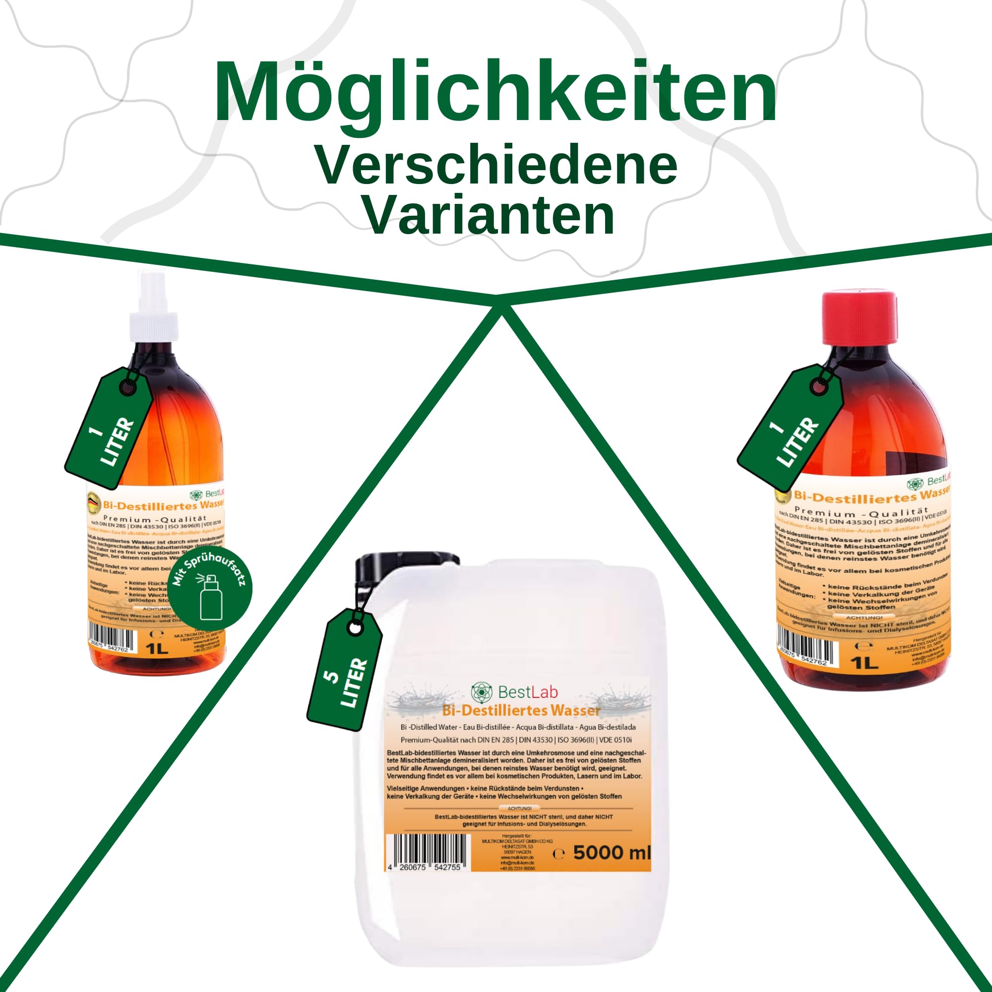 Agua Bidestilada | Aqua destilada 2 veces - Ideal para el hogar, medicina, laboratorio y electrodomésticos, automóvil o plancha - 1L, 1L con cabezal de pulverización, 5L y paquete de 3x5L