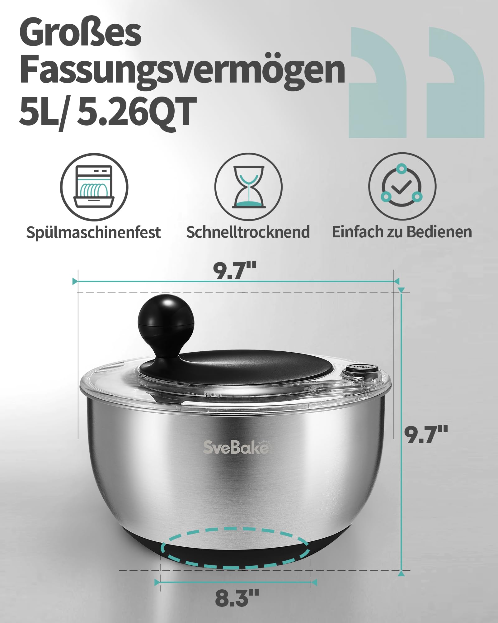 SveBake 5L Salatschleuder Edelstahl mit Stopptaste, BPA-Freie Gemüse Salatschleudern, Transparenter Deckel und Abflussloch, rutschfeste Unterseite, Spülmaschinenfeste Salad Spinner