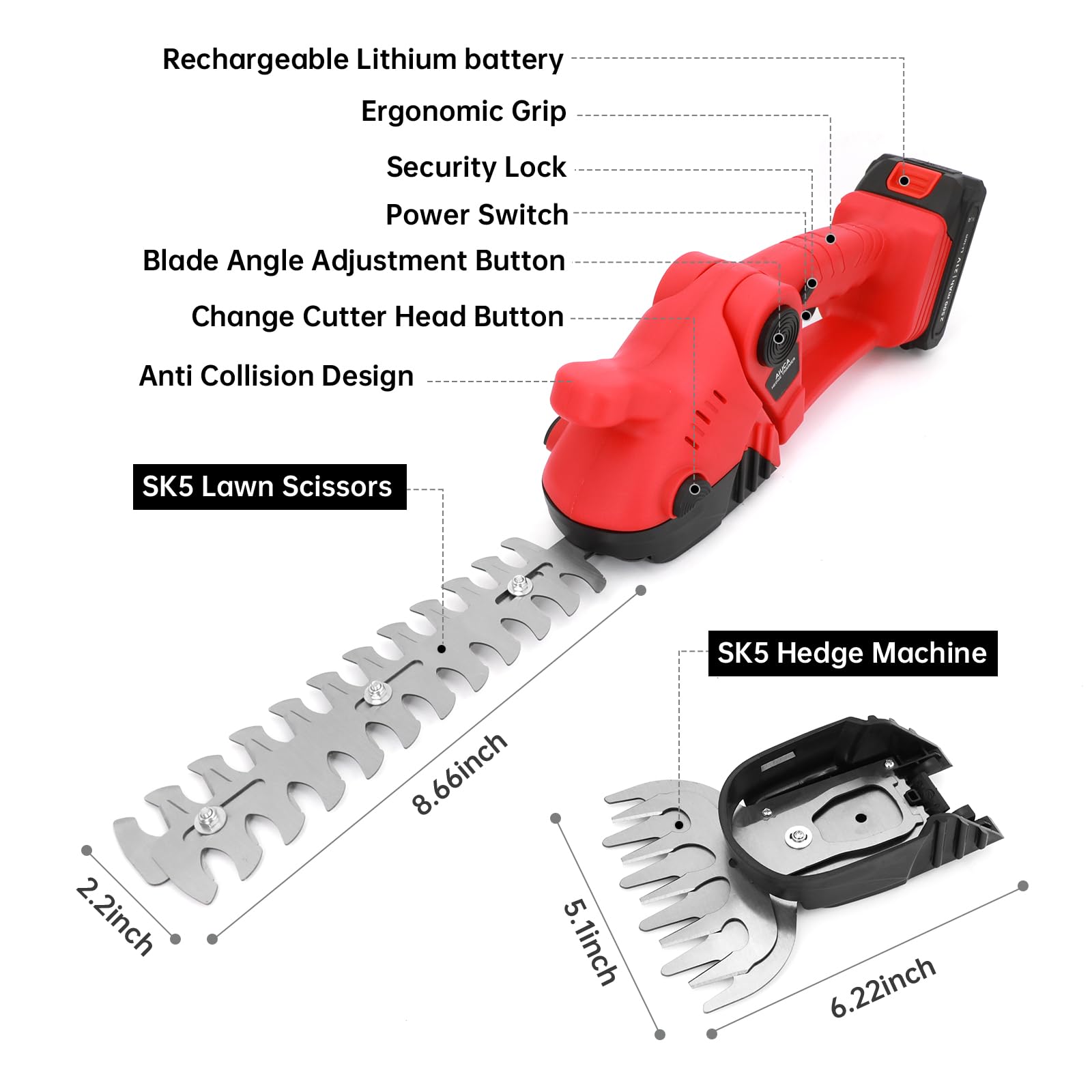 Cesoie per arbusti a batteria, 21 V, 1300 tr/min, 2 Batteries 2500 mAh | Doppie Lame 5/9 pollici, Testa Pivotante 90°, Leggero 1 kg, Sicurezza Blocco, Autonomia 1-2 ore – Taglio Siepi/Erba