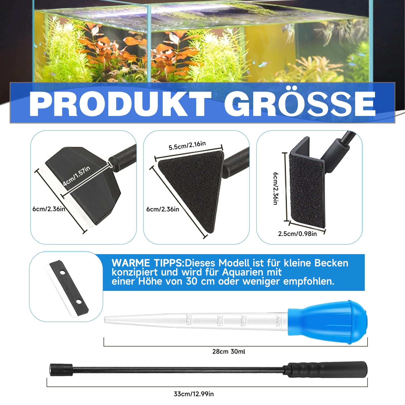 3 in 1 Aquarium Reinigungsset, 1 Stücke 30 ml Aquarium Pipette Dropper, Algenreiniger Tool Set, Algenschaber Triangle Bürste Rechtwinkliger Bürste, für Glas Fischbecken
