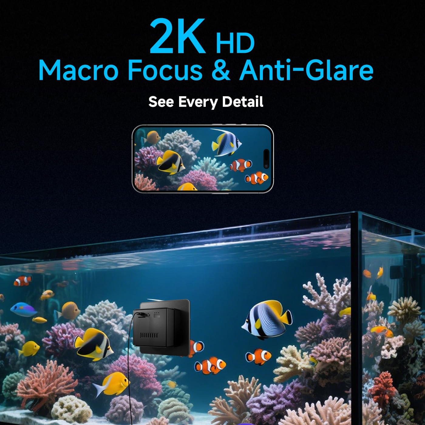 Caméra WiFi 2K HD pour aquarium et terrarium, grand angle 140°, vision nocturne, audio bidirectionnel