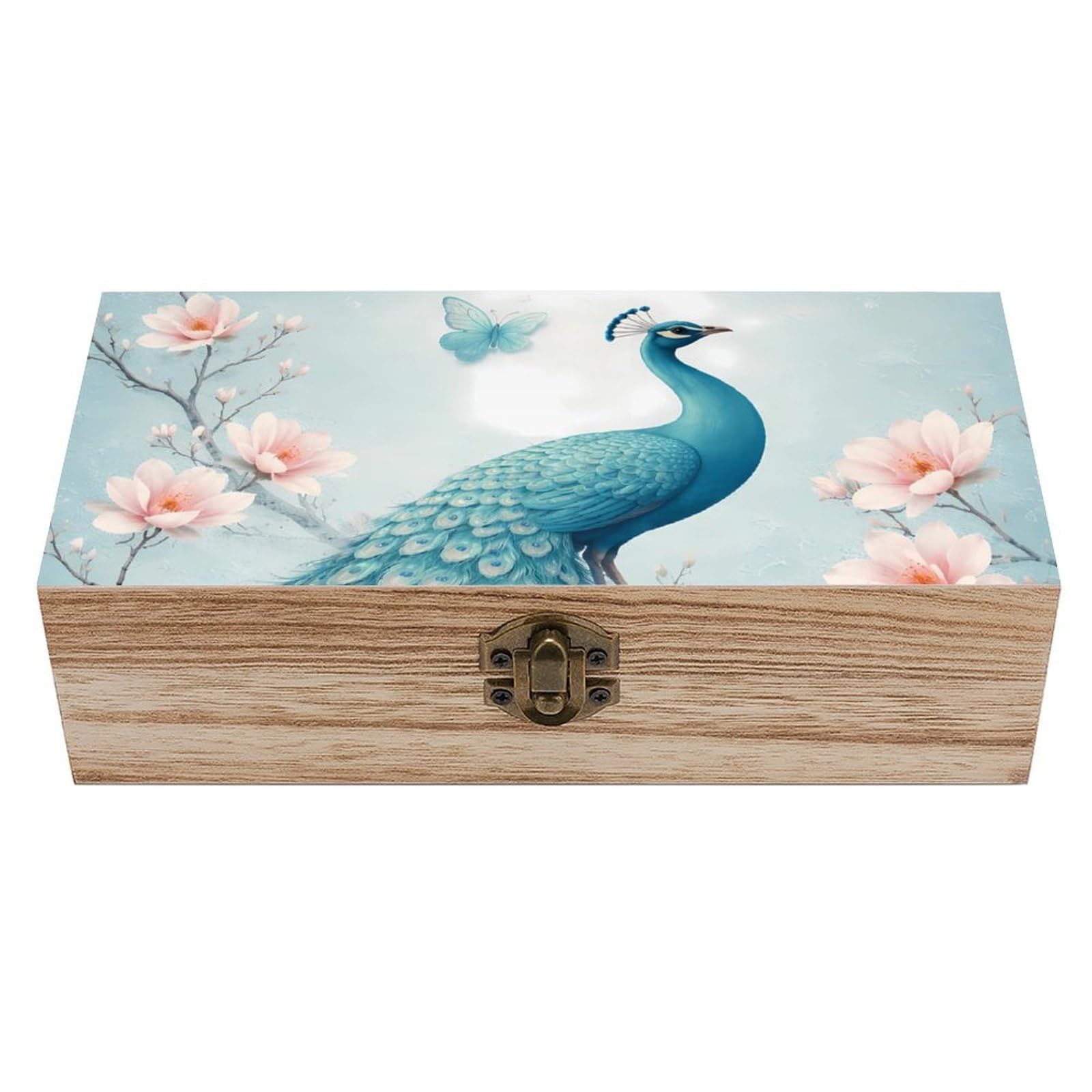 SMAZDFXX Blue Peacock And White Flowers Wooden Storage Box With Hinged Lid Decorative Front Clasp Keepsake Boxes