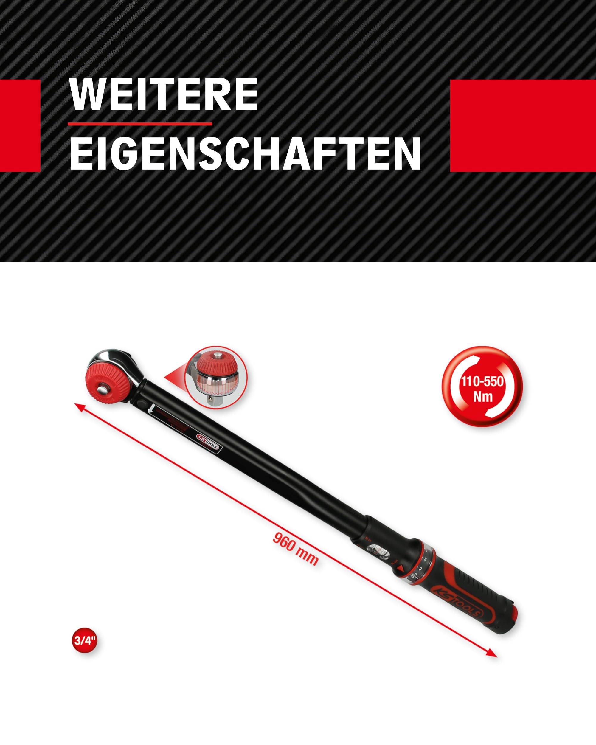 KS Tools Ratschen Drehmomentschlüssel 3/4" Drehknopf ERGOTORQUEprecision 516.1490 I 110-550 Nm I Mit Doppelskala in Nm und lbf•ft I Präzisions Schraubenschlüssel