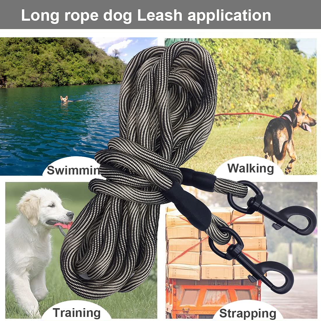 BTINESFUL Correa de cuerda larga para perro de 12 pies, 20 pies, 30 pies, 50 pies, ideal para perros grandes, medianos y pequeños, entrenamiento, jugar, acampar o patio trasero (12 pies, beige negro)