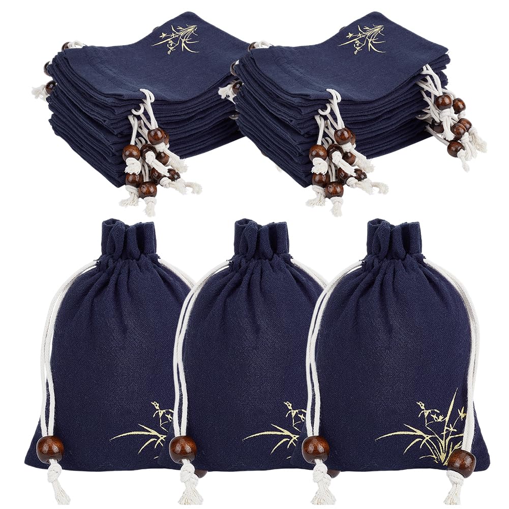 PH PandaHall 24pcs Linen Drawstring Pouches, 4x5inch Flower Printed Sachet Bags Small Fabric Gift Bags Empty Jewelry Pouches for Gifts Wedding Birthday Christmas Jewelry Candy Dried Flower, Blue