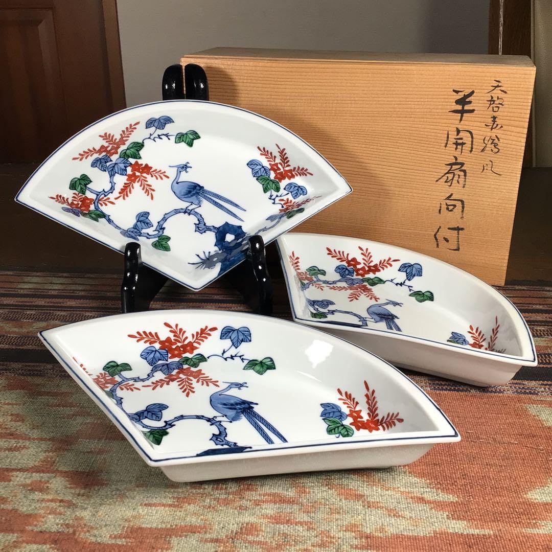 Amazon.co.jp: 源右衛門 『天啓赤絵風 半開扇向付』 扇皿 3枚 古い景徳 