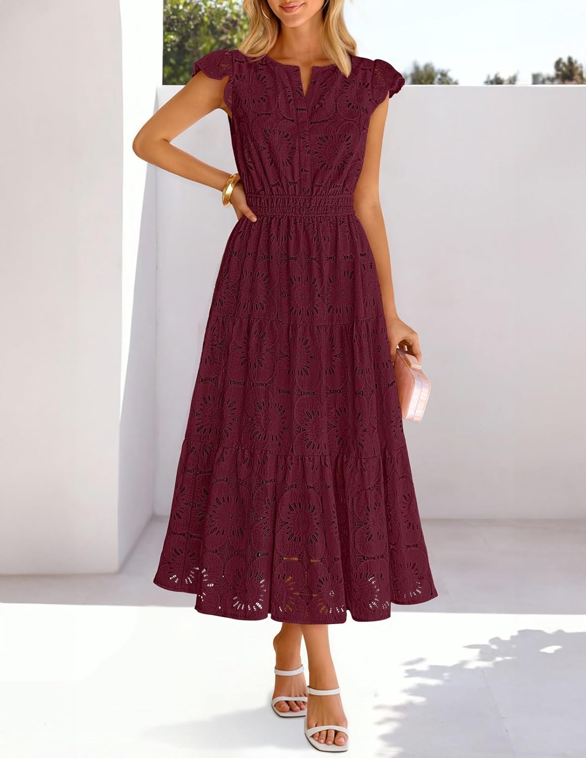 MEROKEETY Women's Summer Lace Eyelet Maxi Dress 2026 Spring Casual Boho Flutter Sleeve Tiered Flowy Beach Vacation Dresses - Image 2