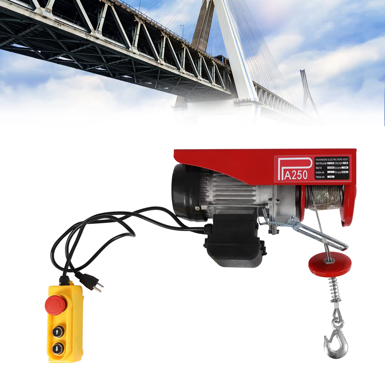 COFECO Electric Hoist, 551lbs Electric Winch, 110V Electric Lift with Remote Control & Single/Double Slings for Lifting in Factories, Warehouses, Construction Site, Mine Filed