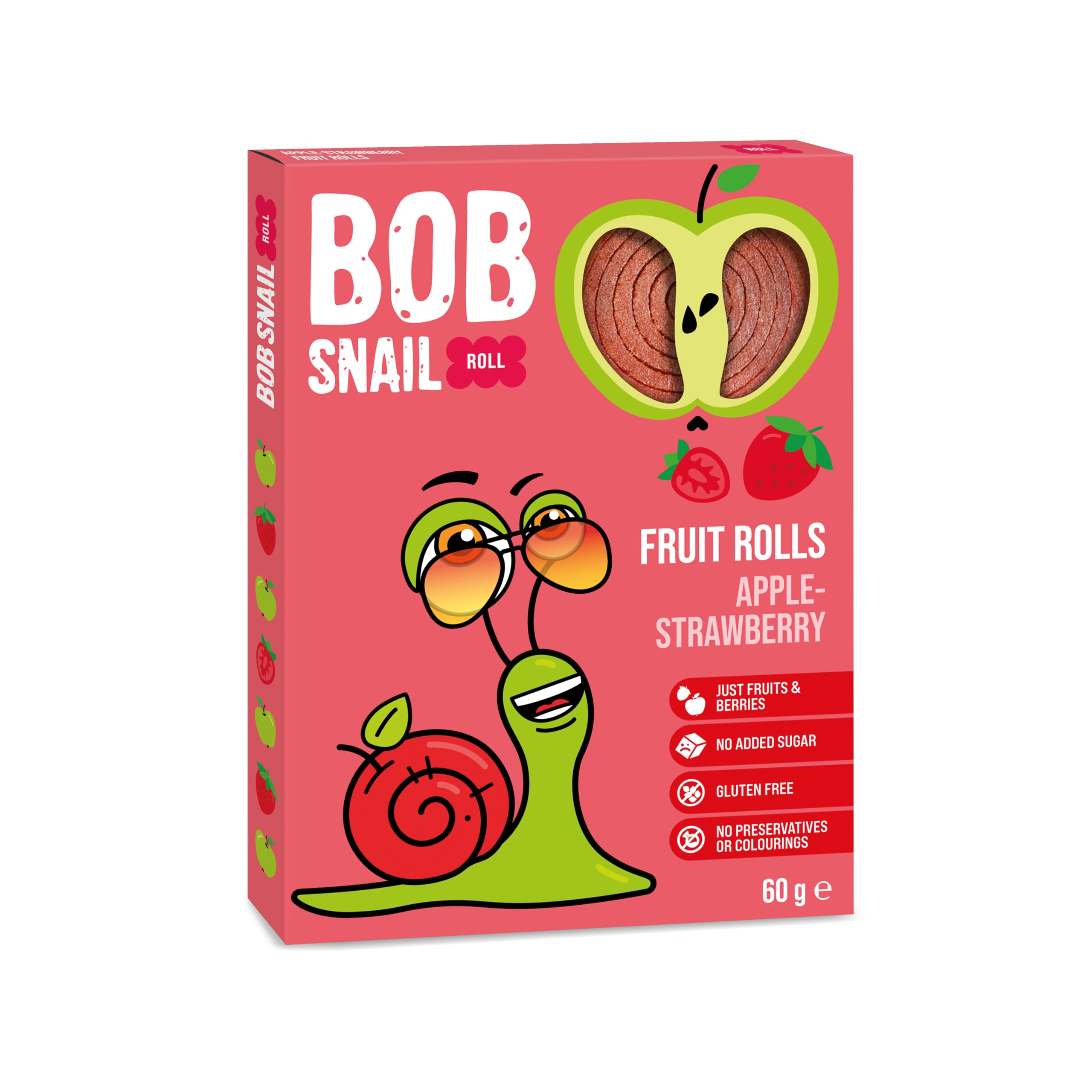 BOB SNAIL Apple Strawberry Fruit Rolls 100% Natural Ingredients with No Added Sugar | Gluten Free, No Preservatives and Colouring | Healthy Snack for Kids - 60grams