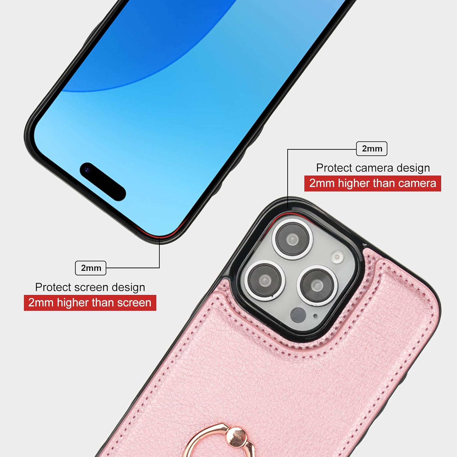 Folosu Compatible with iPhone 16 Pro Max Case Wallet with Card Holder, 360°Rotation Finger Ring Holder Kickstand, RFID Blocking Leather Protective Double Buttons Shockproof Cover 6.9 Inch Rose Gold - Image 8