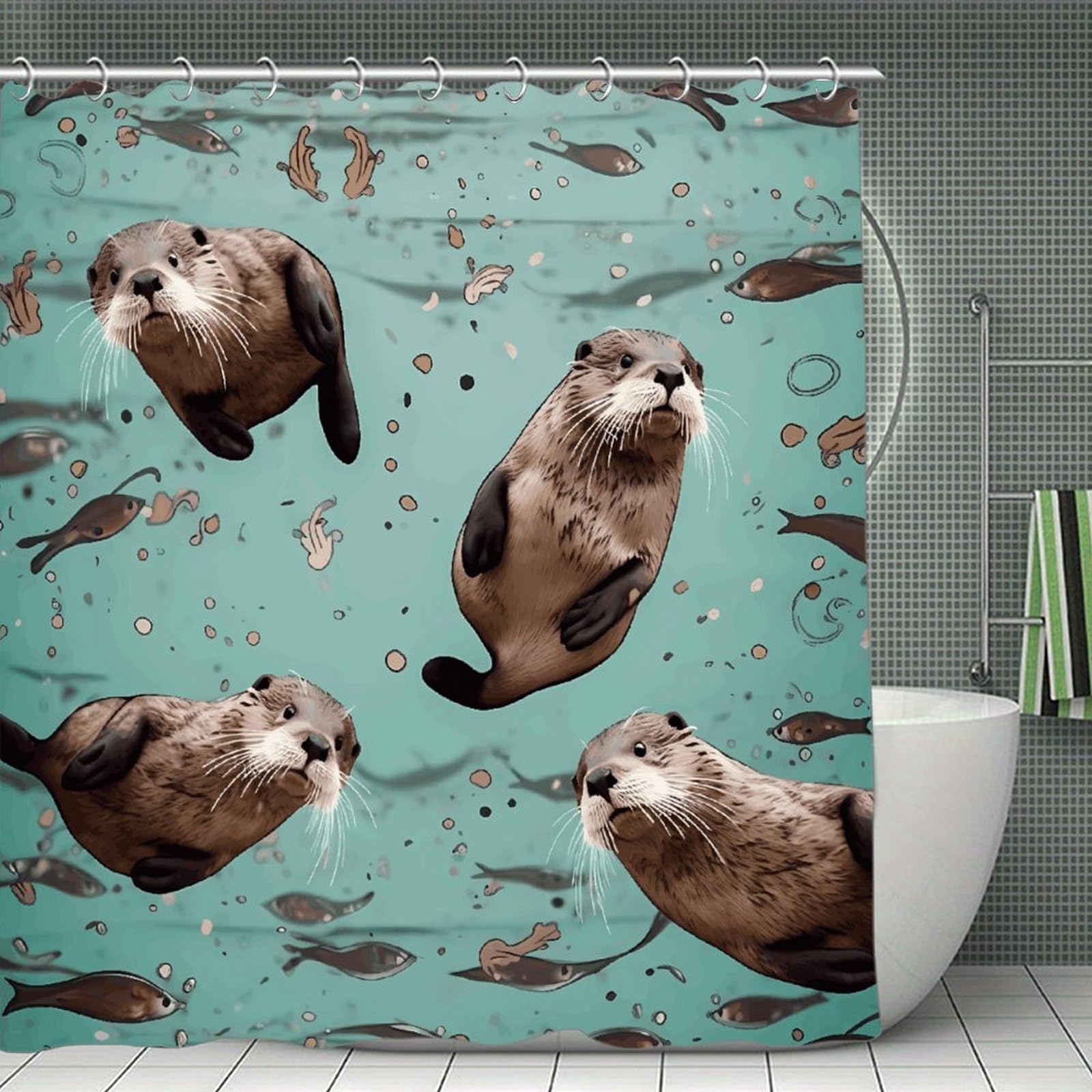 FekiLoot Otters Shower Curtain with Hooks Modern Farmhouse Bathroom Curtain Waterproof Cloth Bath Curtains Cute Washable Blackout Privacy Curtains for Bathroom Bathtub 70.8"x70.8"