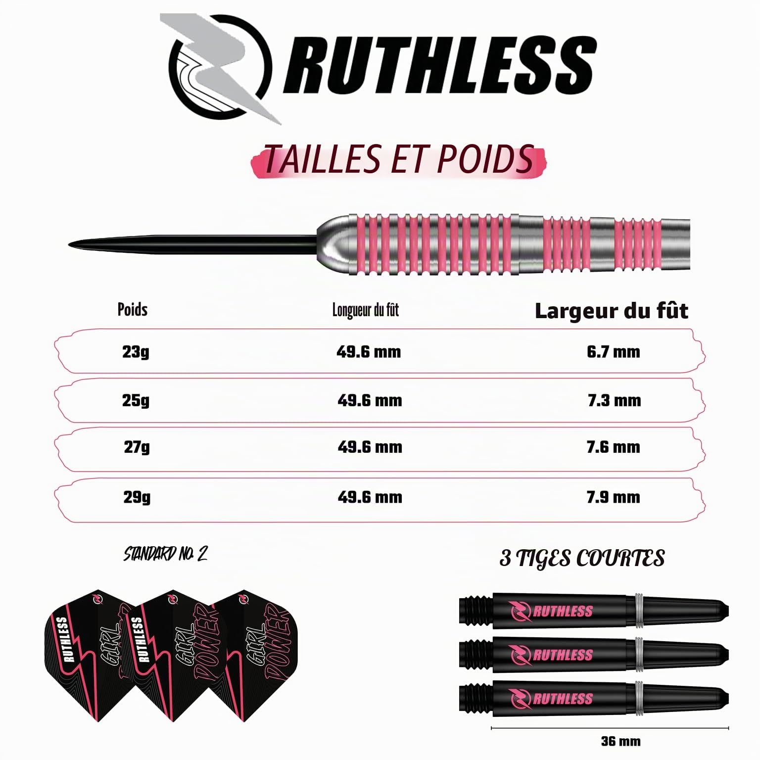 Ruthless Darts Girl Power Jeu de fléchettes 90 % tungstène avec pointe en acier moleté Rose