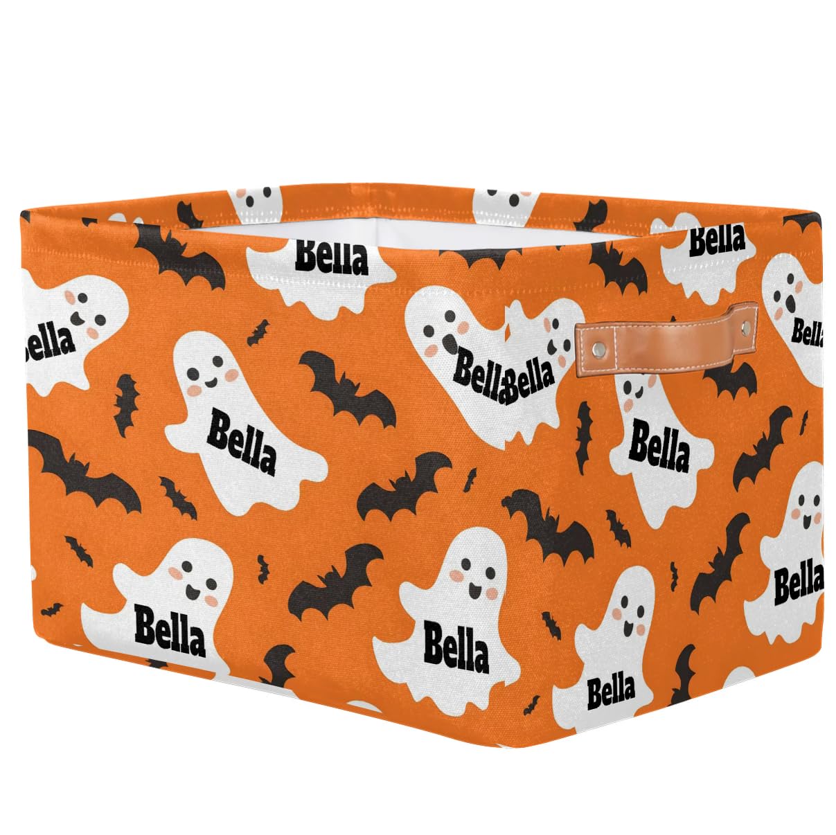 KFNHN Personalized Storage Basket with Name, Halloween Ghost with Bat Orange Background Rectangle Toys Pet Dog Storage Bin with Handles for Baby, Boys, Girls, Collapsible Basket for Clothes, Books
