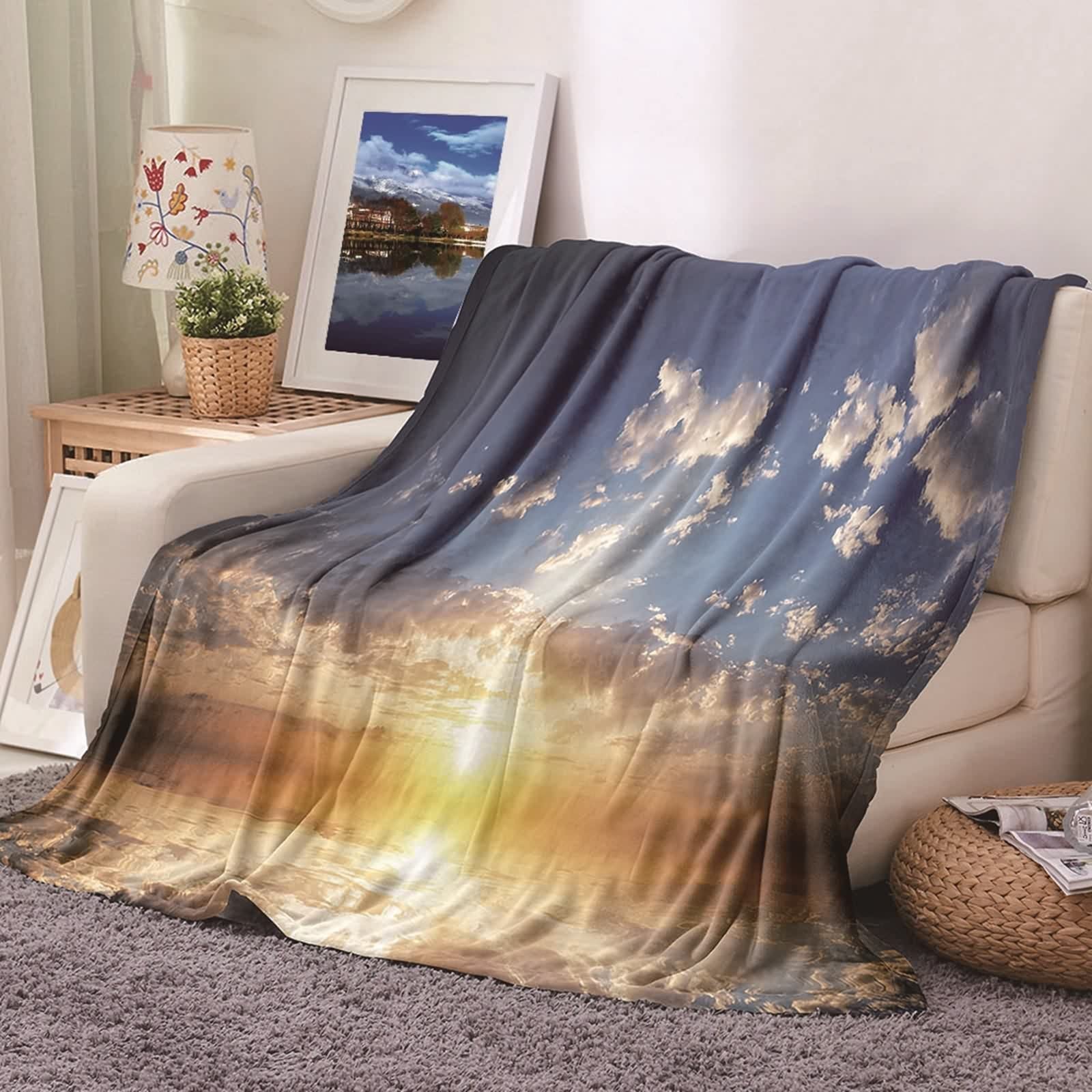 Couverture Douillette 180x200 Cm - Flanelle Microfibre 300GSM - Imprimé Océan Bleu Foncé - Pour Canapé, Lit, Voyage - Réversible - 7