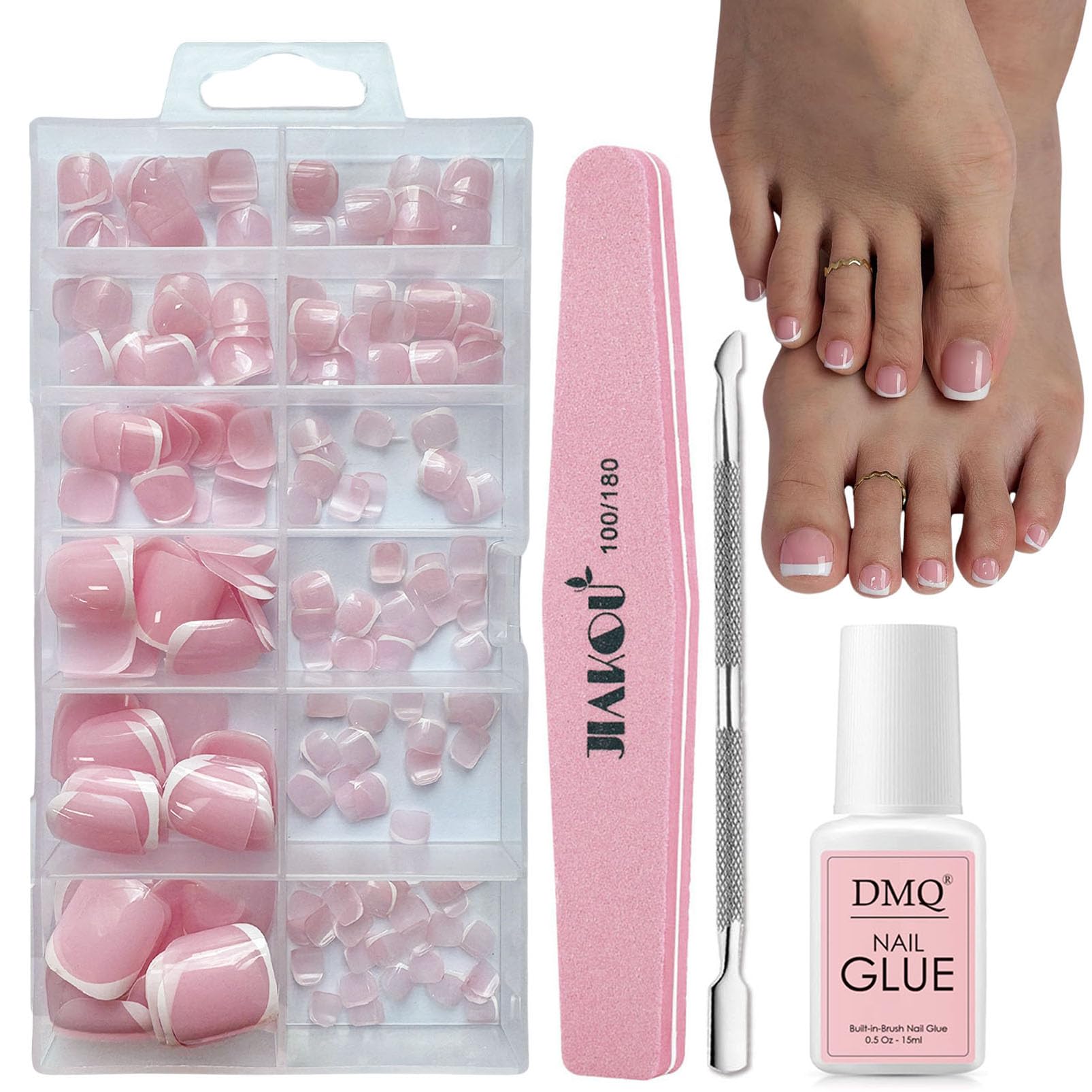DMQ French Press on Nails for Toe, 240Pcs Square False Toenails Short, French Tip Fake Toe Nails, Full Cover Stick on Toenails with Glue for Women Nail Art Manicure Decorations