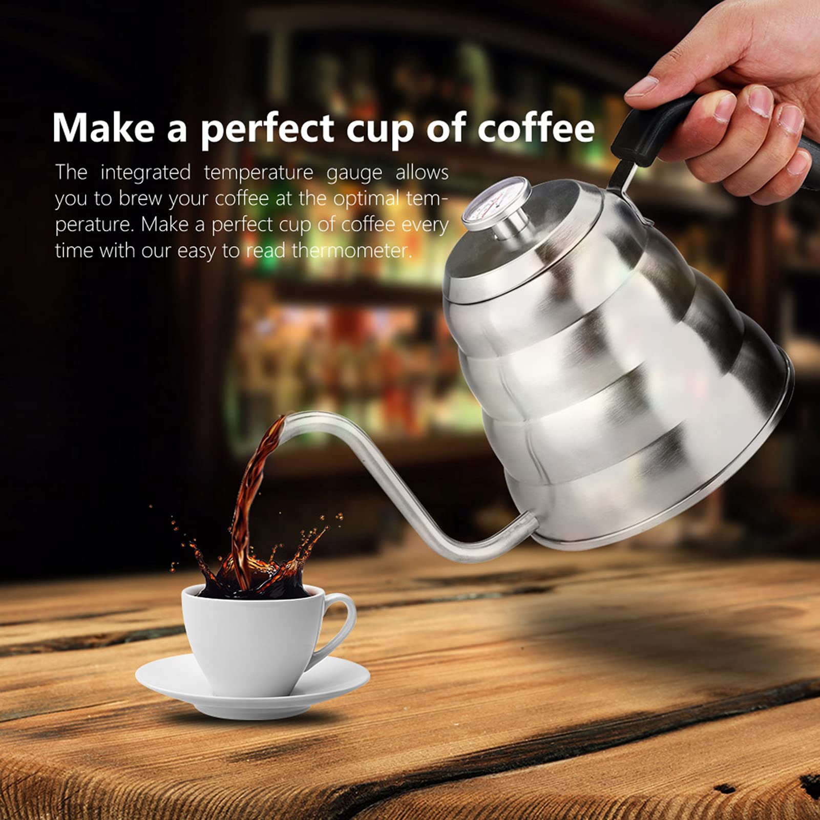 Tyenaza Bollitore per caffè, bollitore per caffè in acciaio inossidabile 304 con termometro a collo d'oca per versare sopra il bollitore per caffè per la cucina(1.2L)