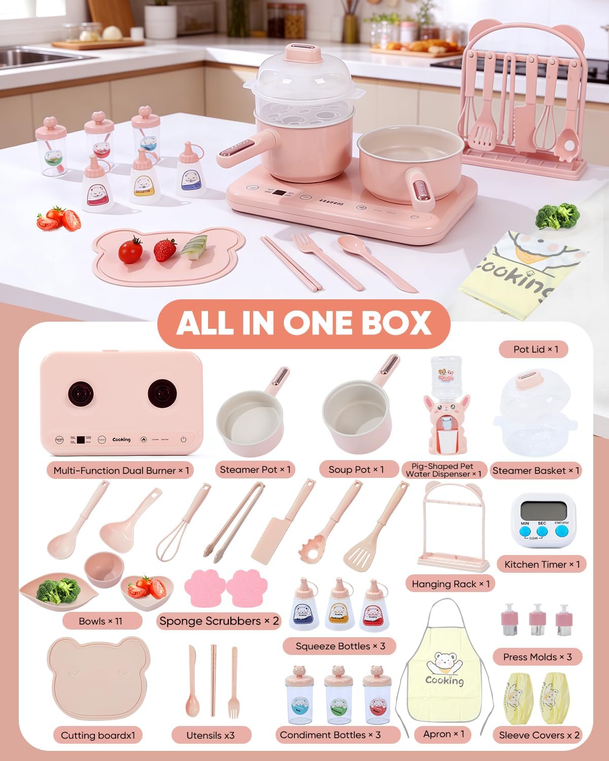 Cooking Sets Real Electric Dual Stove - Montessori Real Cooking Set with Mini Kitchen Tools, Safe Utensils, Apron & Cookware - Great for Pretend Play Montessori Learning (Pink)