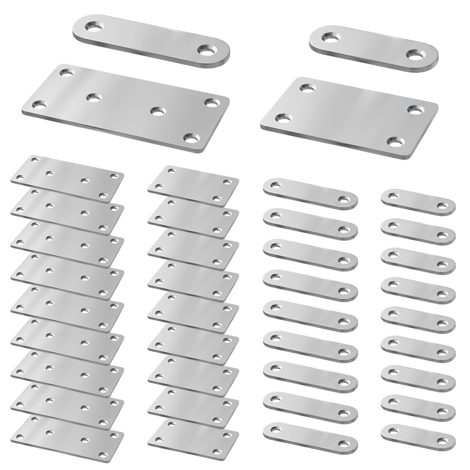 Flat Connectors Stainless Steel 40 Pieces - 4 Sizes Metal Perforated Plates, 55x16, 47x16, 80x40, 38x60 mm Flat Connectors, Furniture Connectors for Wood Repair, Table Top Connectors