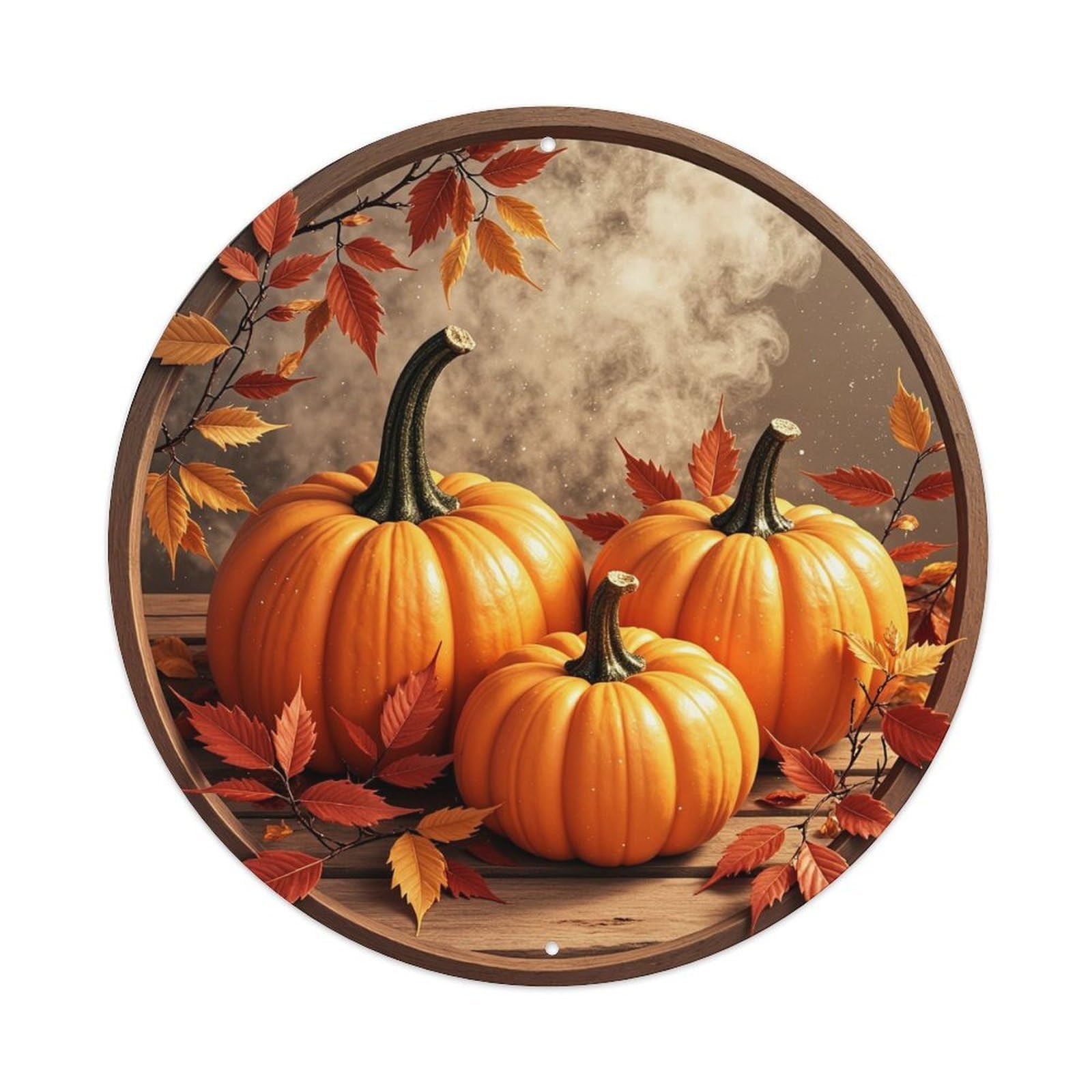 Autumn Pumpkins And Leaves Vintage Metal Tin Sign Retro Wall Decor for Home Bar Garage Cafe, Indoor & Outdoor Decorative，circle Metal Poster, 8x8 Inch