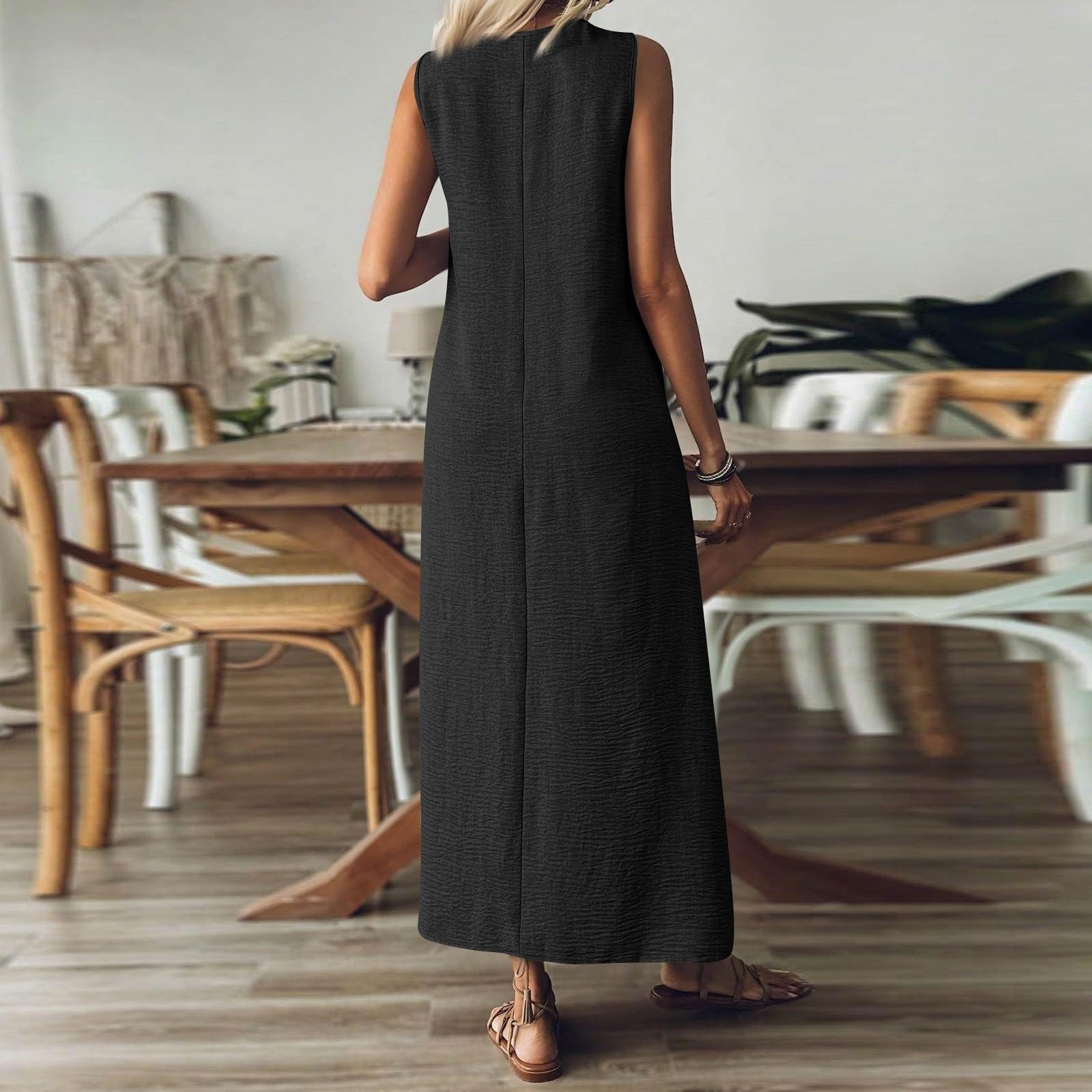 Kleid Damen Leinenkleider für Damen V-Ausschnitt ärmelloses Maxikleid, lässiges, Schlichtes, langes, fließendes Sommerkleid für Strand und Urlaub