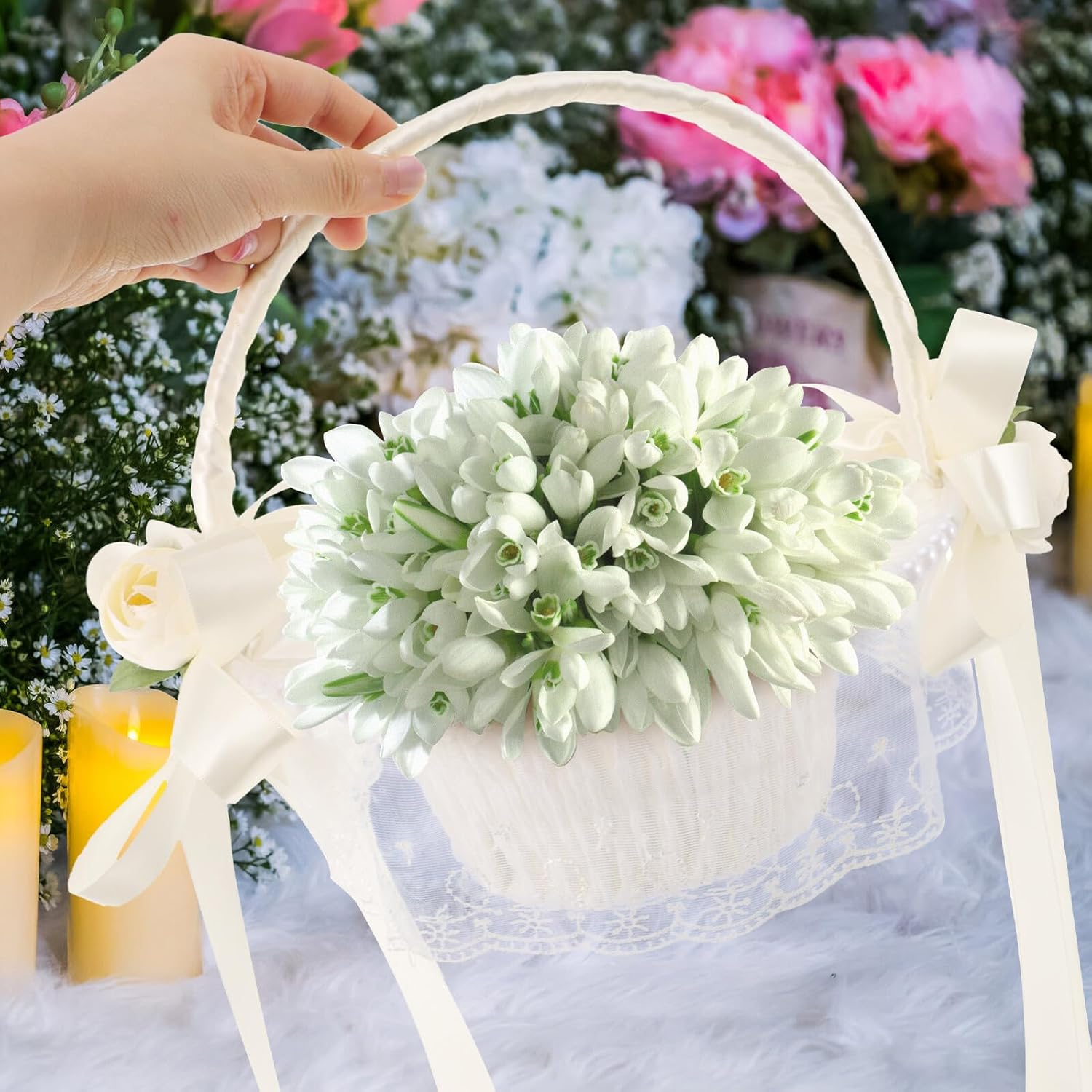 Wedding Flower Basket Handheld White Artificial Rose Flower Girl Basket with Bowknot Portable for Ceremony and Wedding Party Supplies