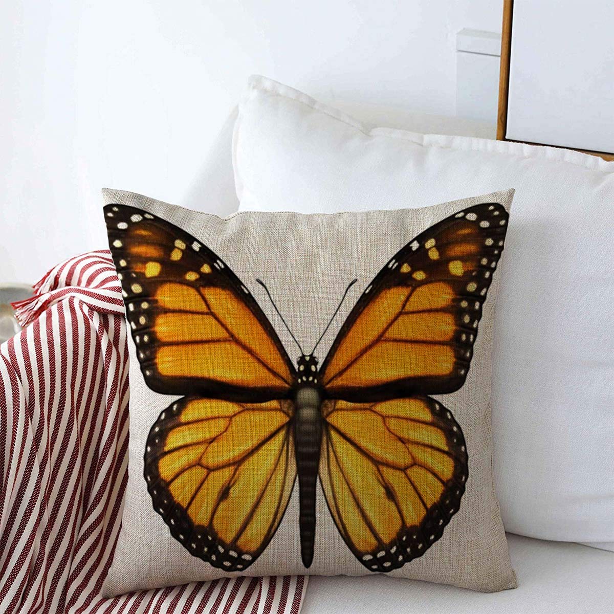 Throw Pillows Cover 16 x 16 Inches Orange Insect Monarch Butterfly Open Wings Top View Animals Wildlife Nature Yellow Flying Majestic Cushion Case Cotton Linen for Fall Home Decor