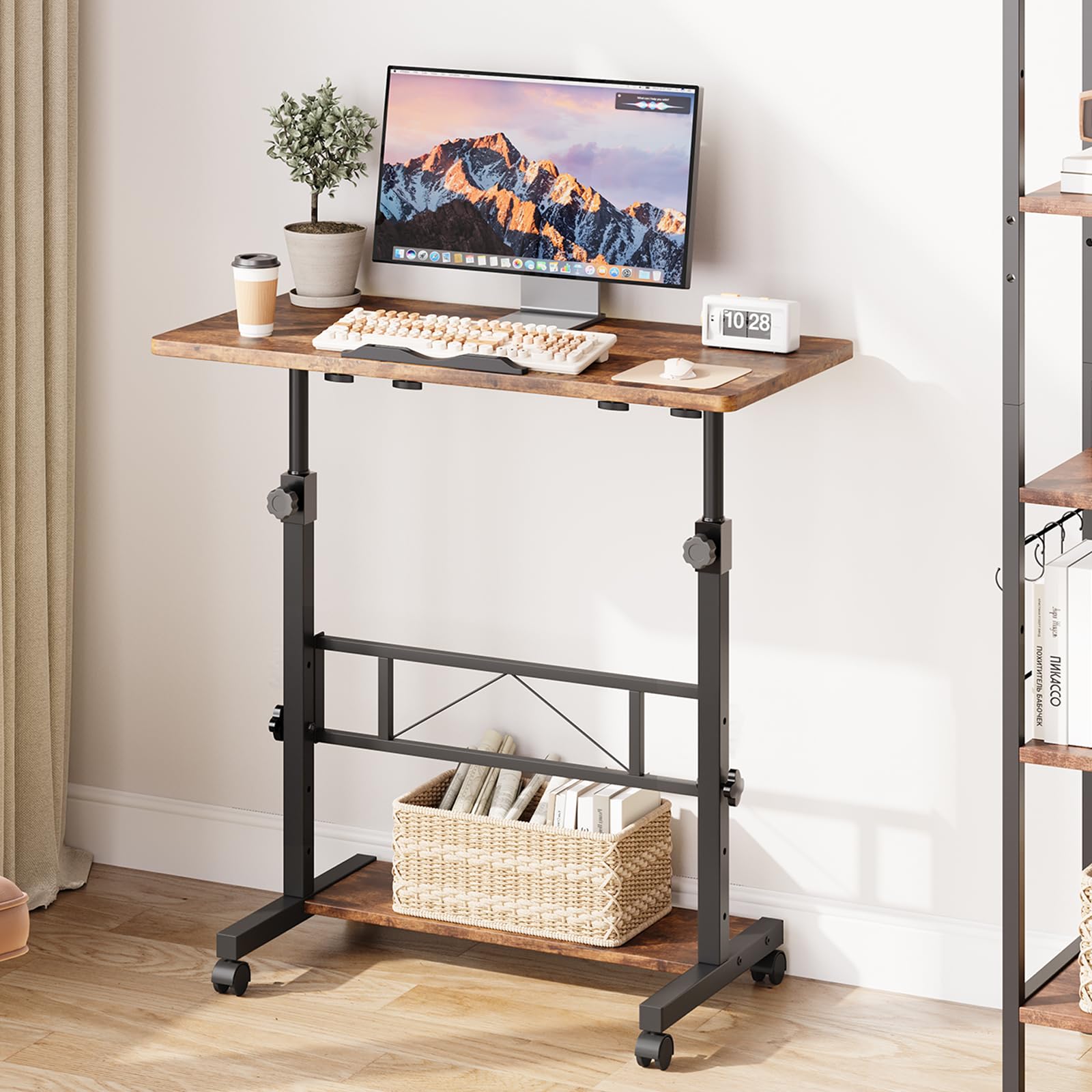 Dripex 80x40cm Stehpult, Schreibtisch höhenverstellbar 65-98cm, Mobiler Computertisch mit Rollen und mit neigbar Tischplatte, Überbett-Tisch, Steh-Sitztisch für Zuhause und Büro, Vintage Braun