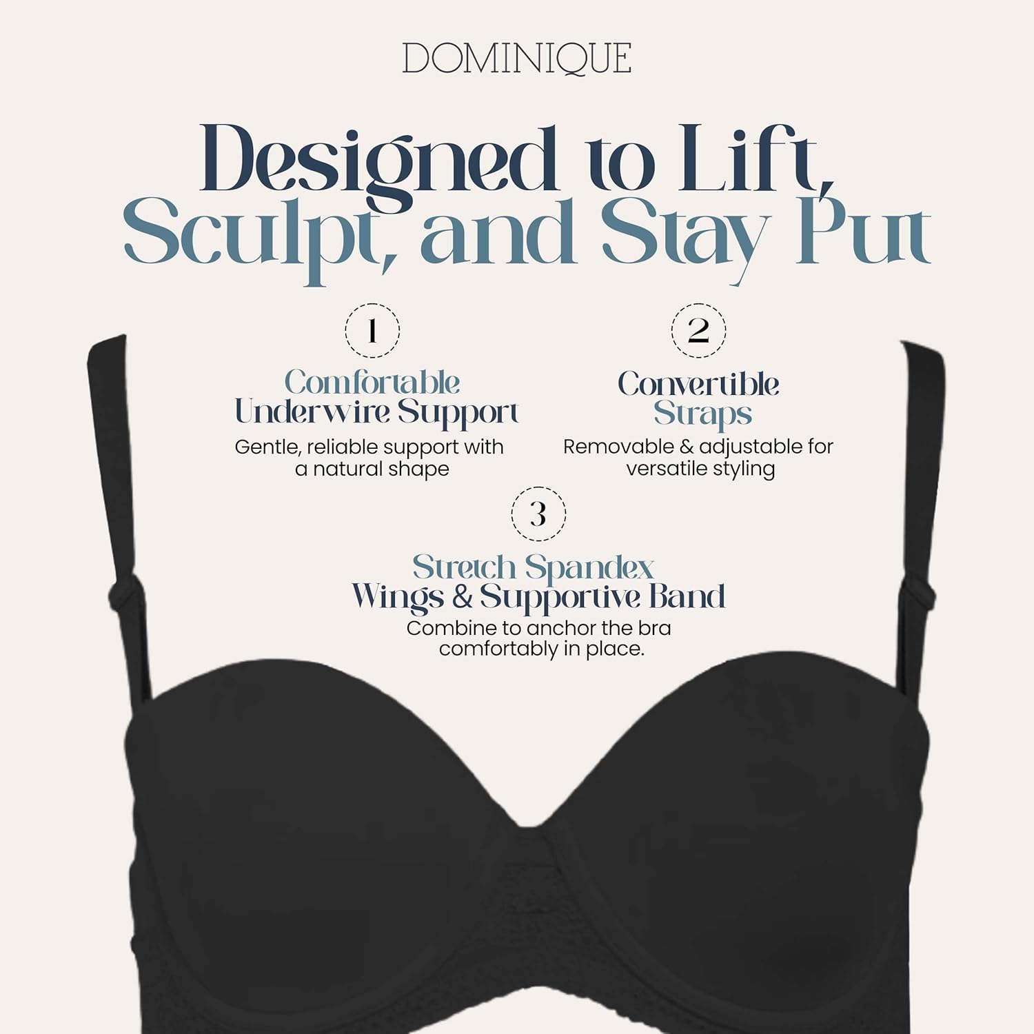 Dominique Tessa Lace Strapless Bra #7402 – Full Figure Convertible Bra with Spacer Cups & Lace Wings - Lingerie for Women