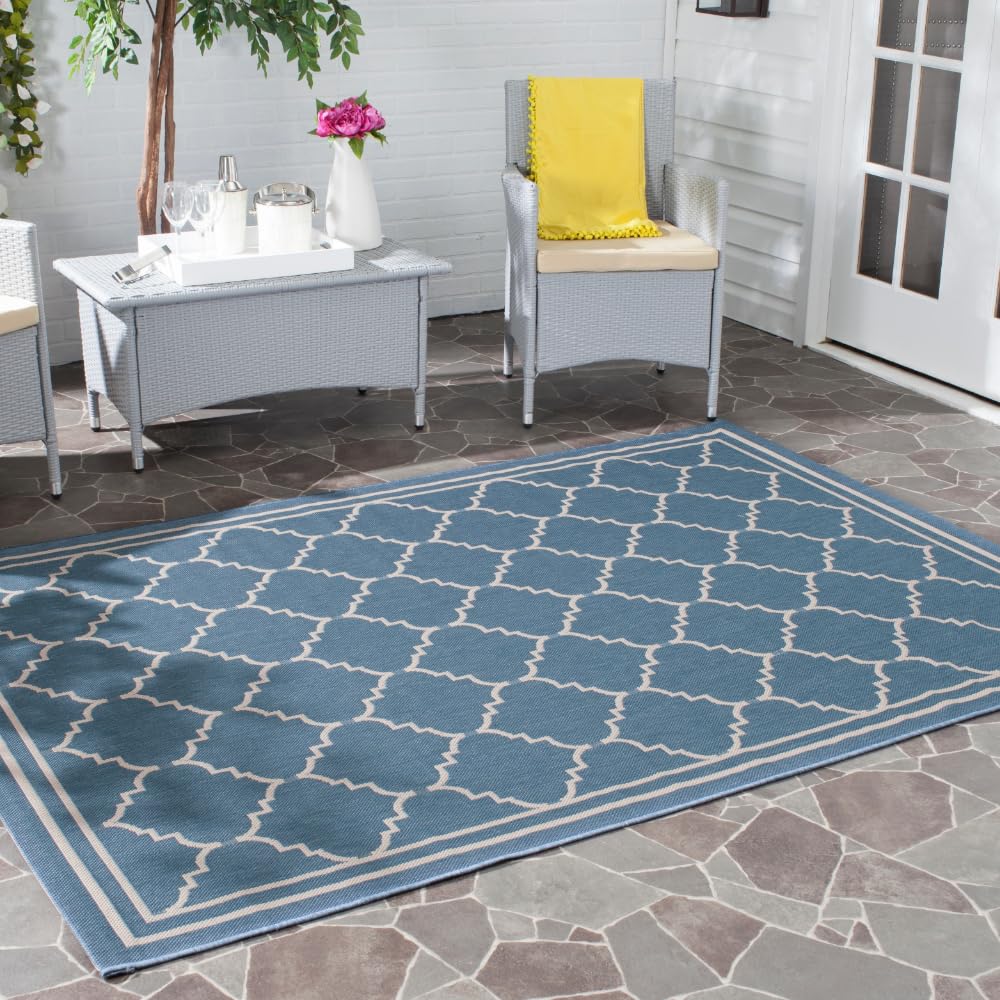 SAFAVIEH Washable Rug Outdoor Courtyard Collection - 6'7" x 9'6", Blue & Beige, Non-Shedding & Easy Cleaning, Ideal for Patio, Backyard, Mudroom (