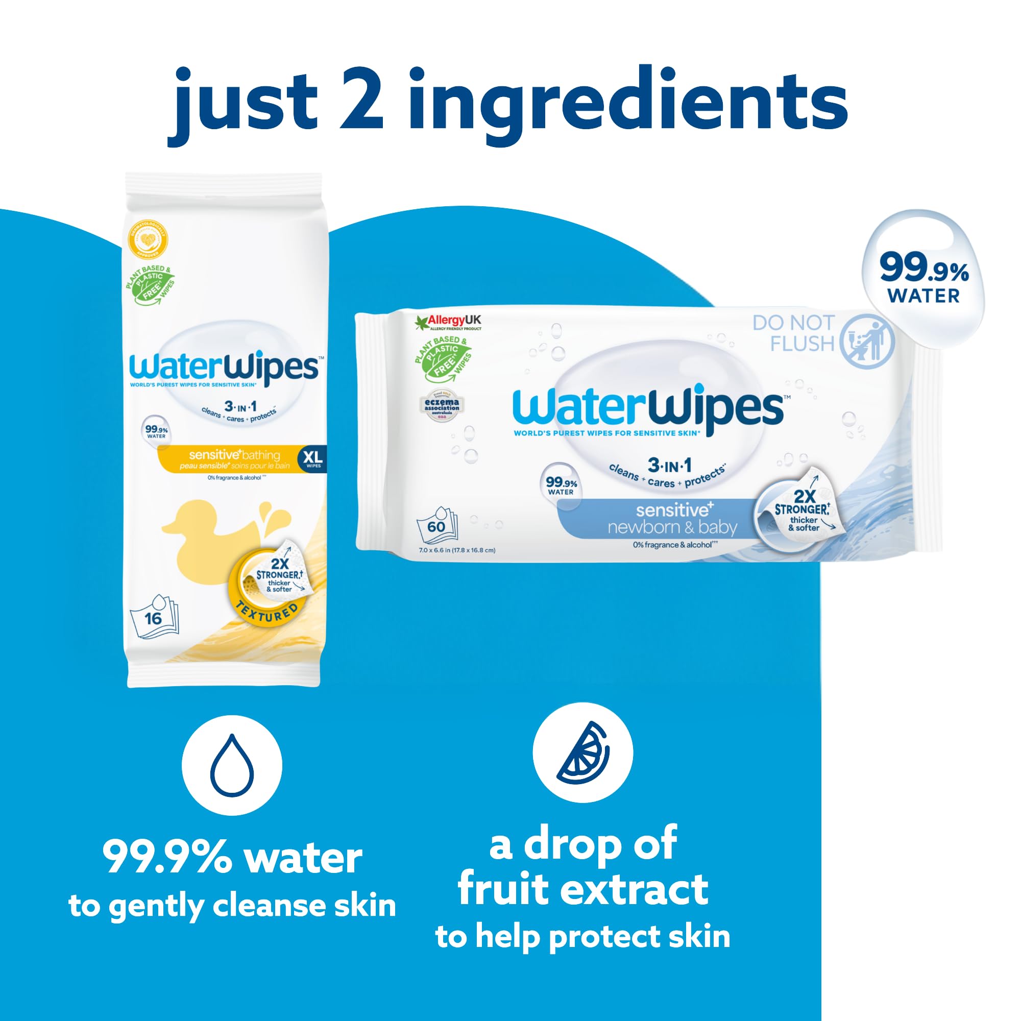 WaterWipes Bundle, Original 720 Count (12 packs) & XL Bathing Wipes 16 Count (1 pack), Plastic-Free, 99.9% Water Based Wipes, Unscented, Hypoallergenic for Sensitive Skin, Packaging May Vary