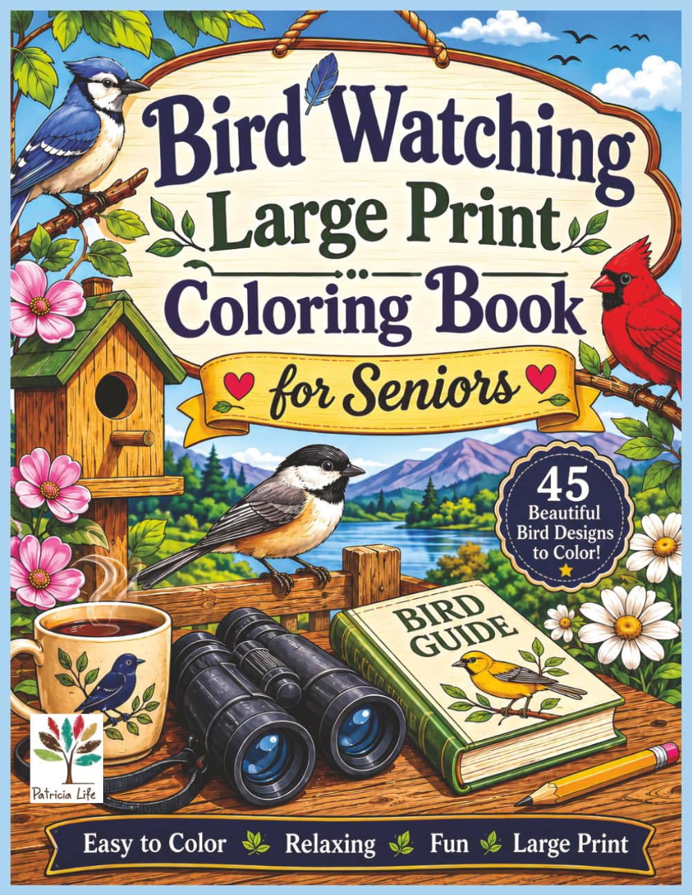 Bird Watching Large Print Coloring Book for Seniors: Easy Backyard Birds, Birdhouses, Feeders and Peaceful Nature Scenes for Adults, Retirees, Beginners and Bird Lovers