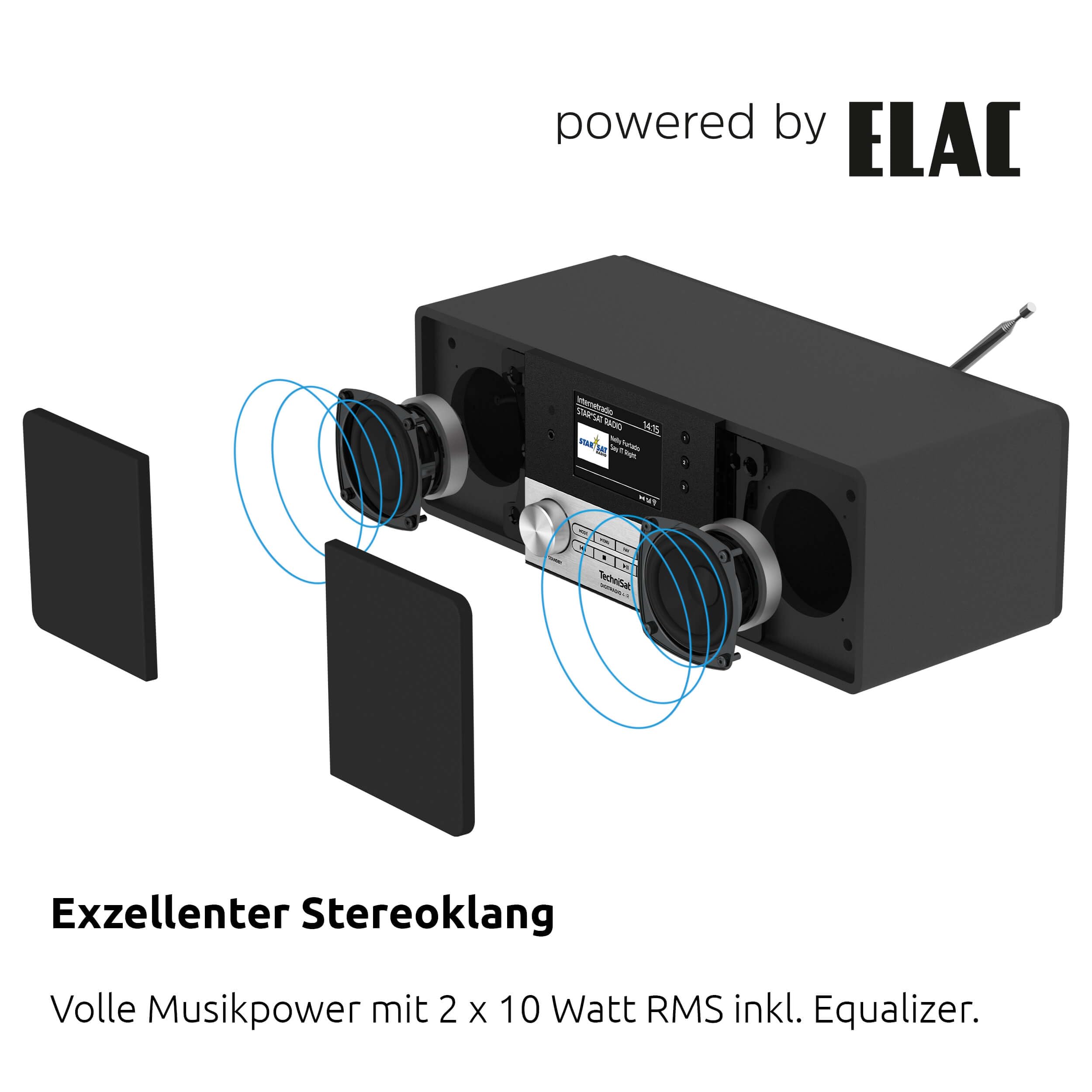 TechniSat DIGITRADIO 4 IR - Stereo Internetradio (DAB+, UKW, Bluetooth-Audiostreaming, Kopfhöreranschluss, AUX-Eingang, Wecktimer, TFT Display, 20 Watt RMS, Elac Lautsprecher, Made in Germany) schwarz