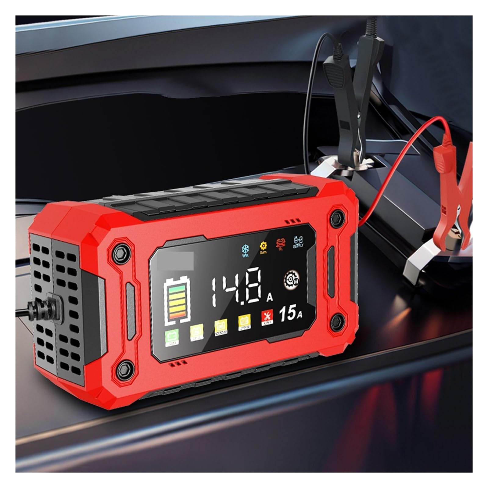 Cargador de Bateria, Cargador inteligente for baterías de coche de 12 V y 15 A con pantalla LCD más grande