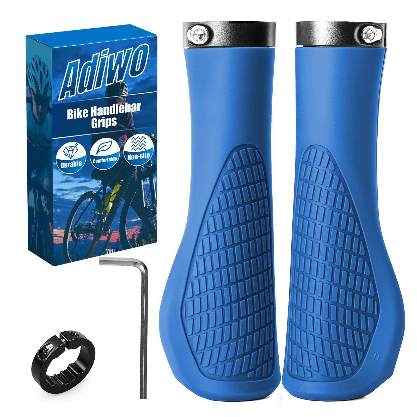 Adiwo Non-Slip Handlebar Grips, 1 Pair Professional Bike Handlebar Grips, Adult Mountain Bike Grips with Soft Anti-Slip Rubber, Ergonomic, Comes with 1 Allen Wrench, Suitable for Most Bicycles, Blue