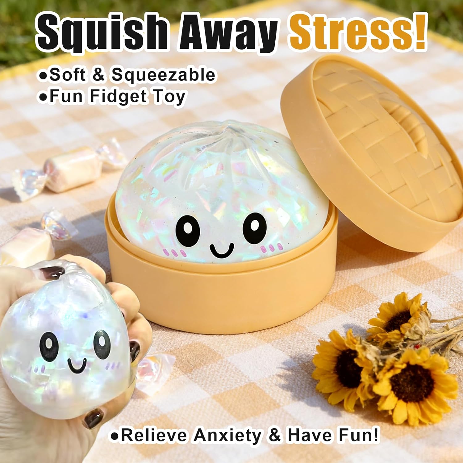 2PCS Glitter Dumpling, Glitter Dumpling Squishy Box, Dumplings Squishy, Anxiety Relief Fidget, Soft Squeeze Decompression Dough