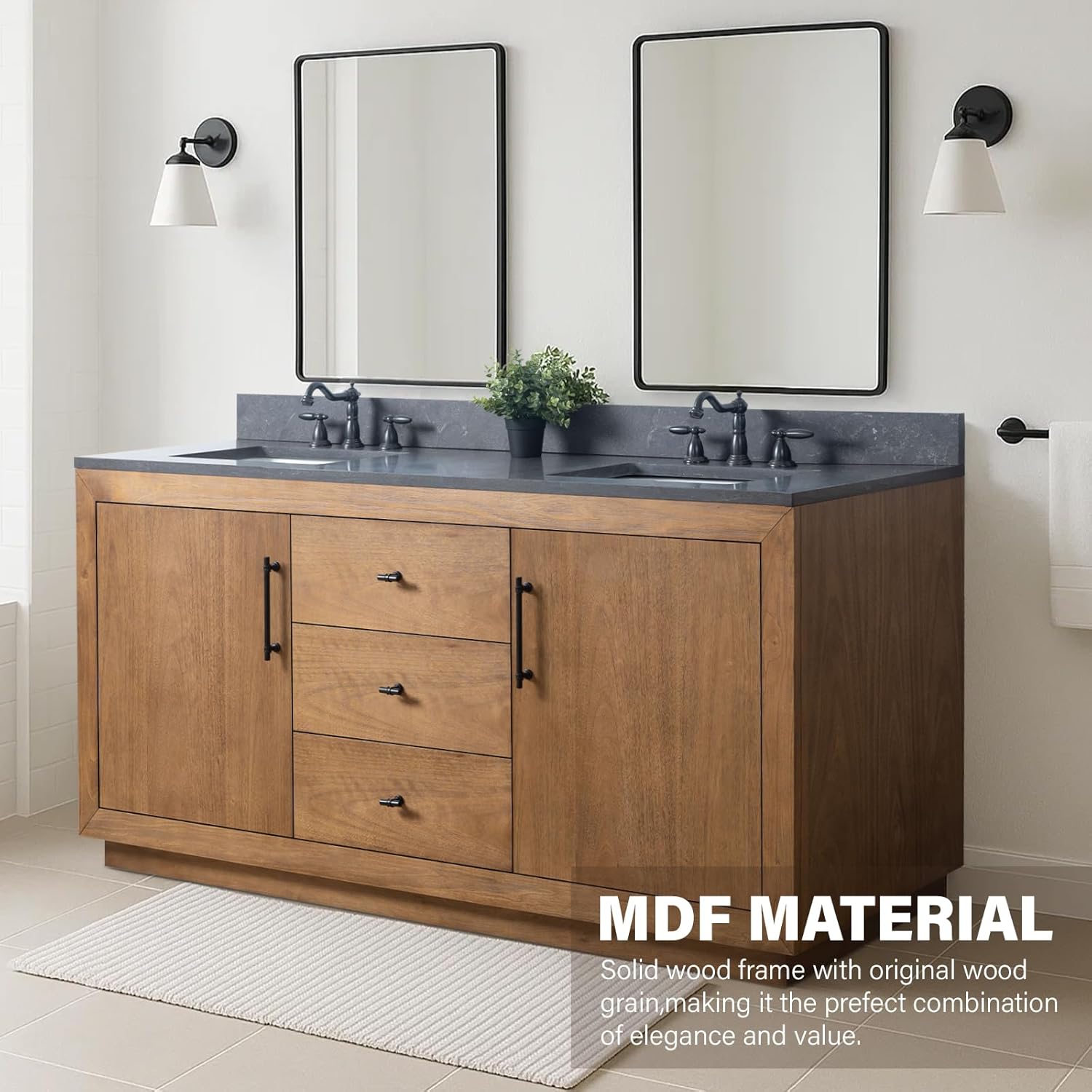 HOMEBEYOND 72" Bathroom Vanity with Double Sink & Ceramic Top, MDF Material Vanity Cabinet with Basin Combo, Soft-Closing Doors, Removable Shelf, Backsplash, Tan