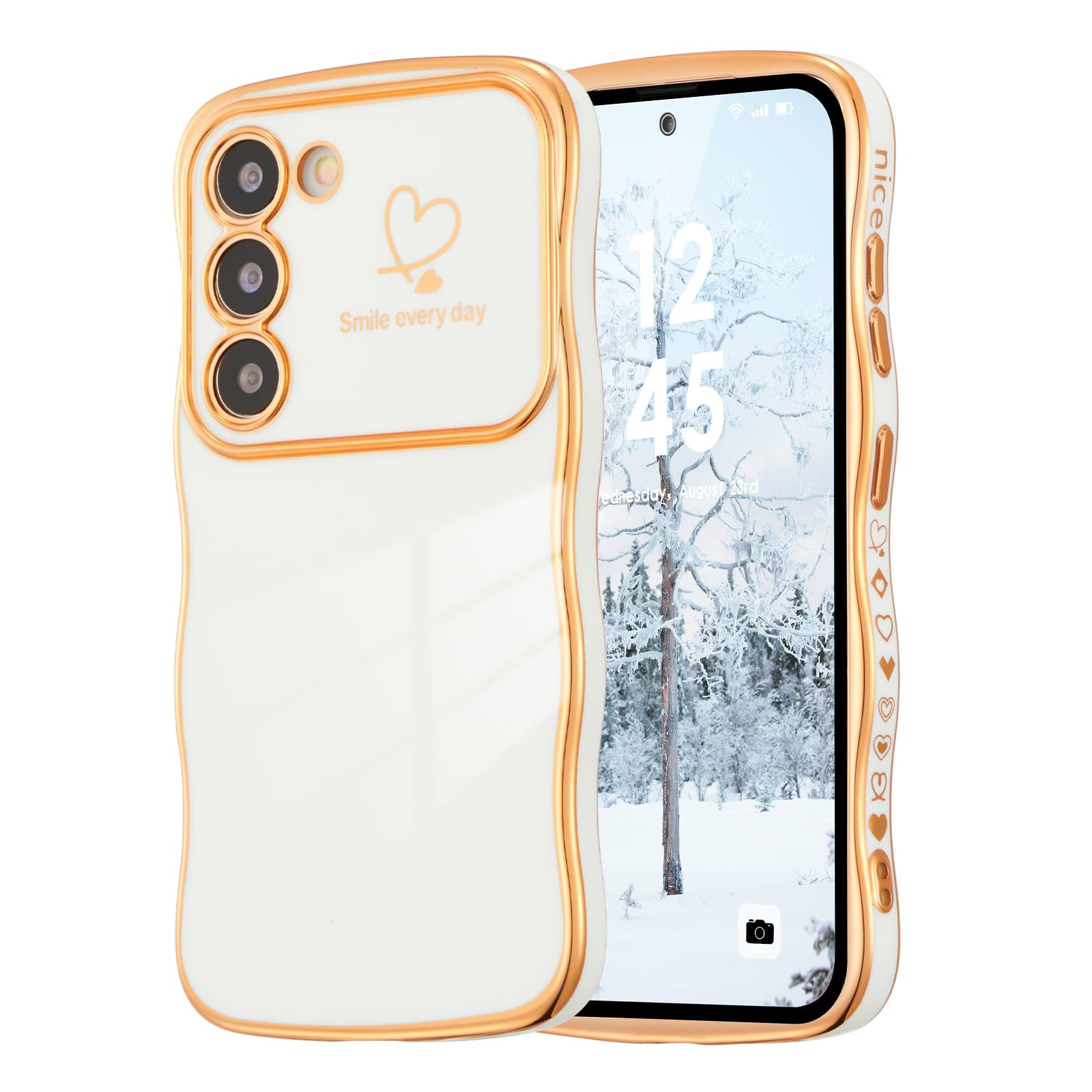 DEFBSC Case for Samsung Galaxy S23 Plus Case, Curly Wave Shape Plating Frame Cute Love Heart Cover for Girls Women, Full Camera Lens Protection Soft