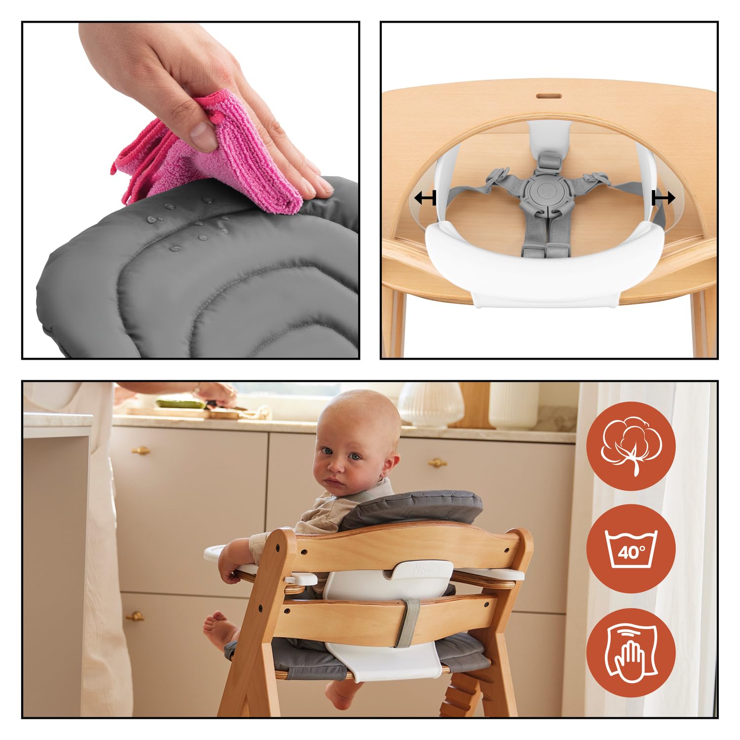 hauck Alpha Start N Grow Set Trona de Bebé de Madera, Natural Dark Grey | Desde el nacimiento hasta 90 kg, incluye hamaca 3 en 1 con funda de muselina, reductor, cojín y bandeja