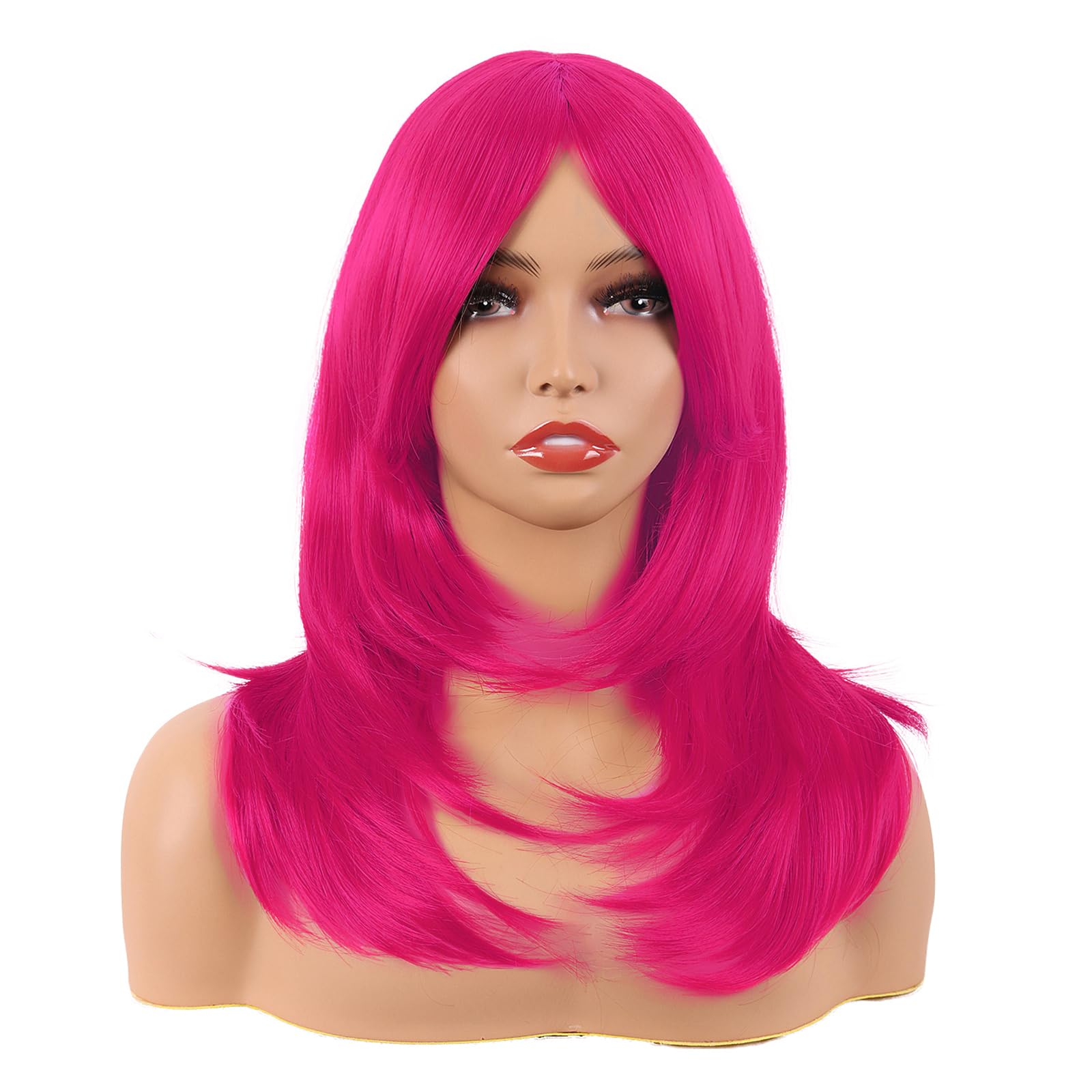 MapofBeauty 20 Inch/50 cm Long Layered With Bangs Straight Synthetic fiber Shoulder Length Hair Party Wig (Hot Pink)